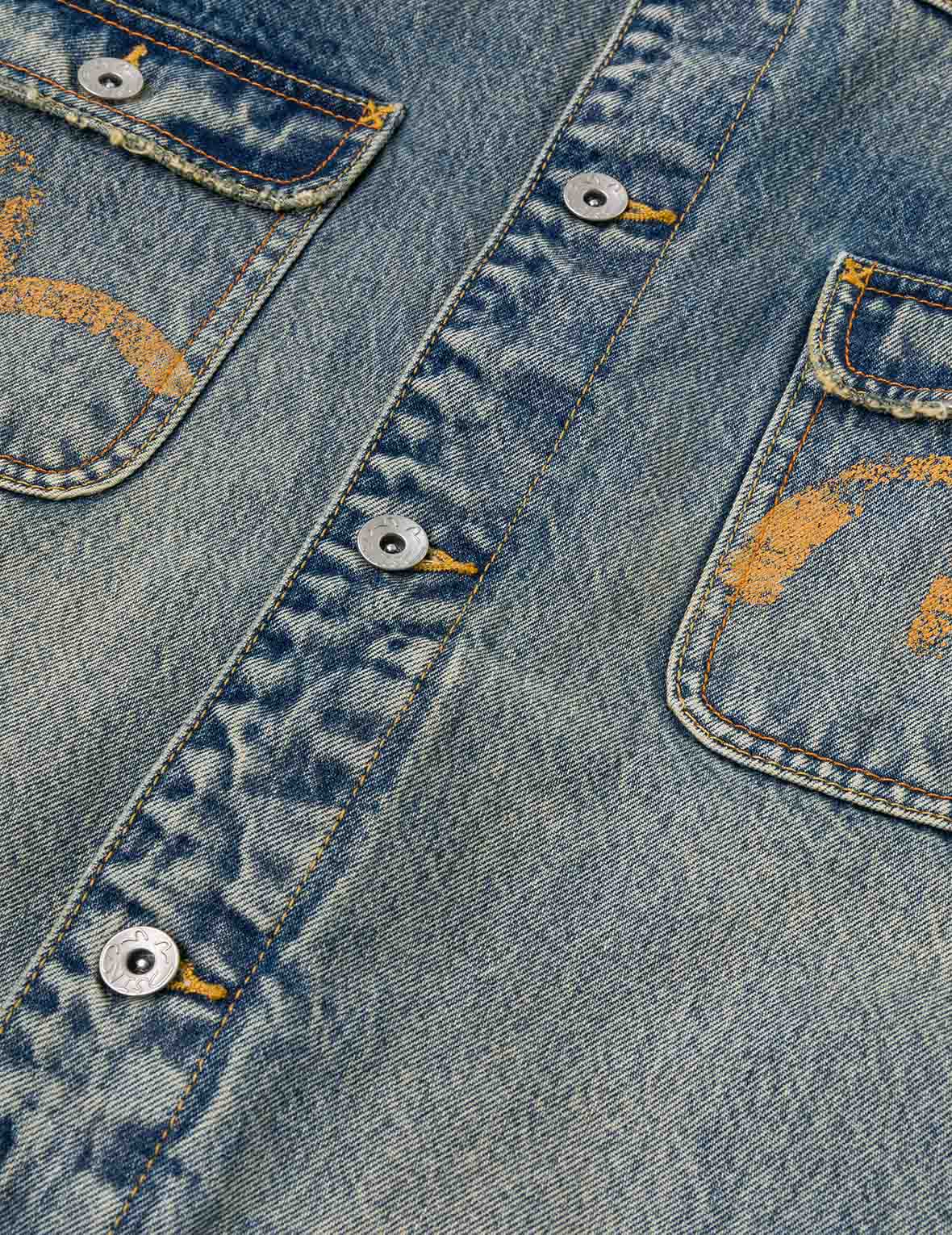Distressed Seagull Print and Frayed Logo Patch Embroidery Relax Fit Denim Jacket