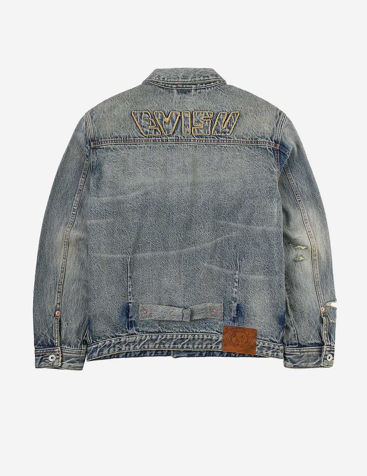 Distressed Seagull Print and Frayed Logo Patch Embroidery Relax Fit Denim Jacket