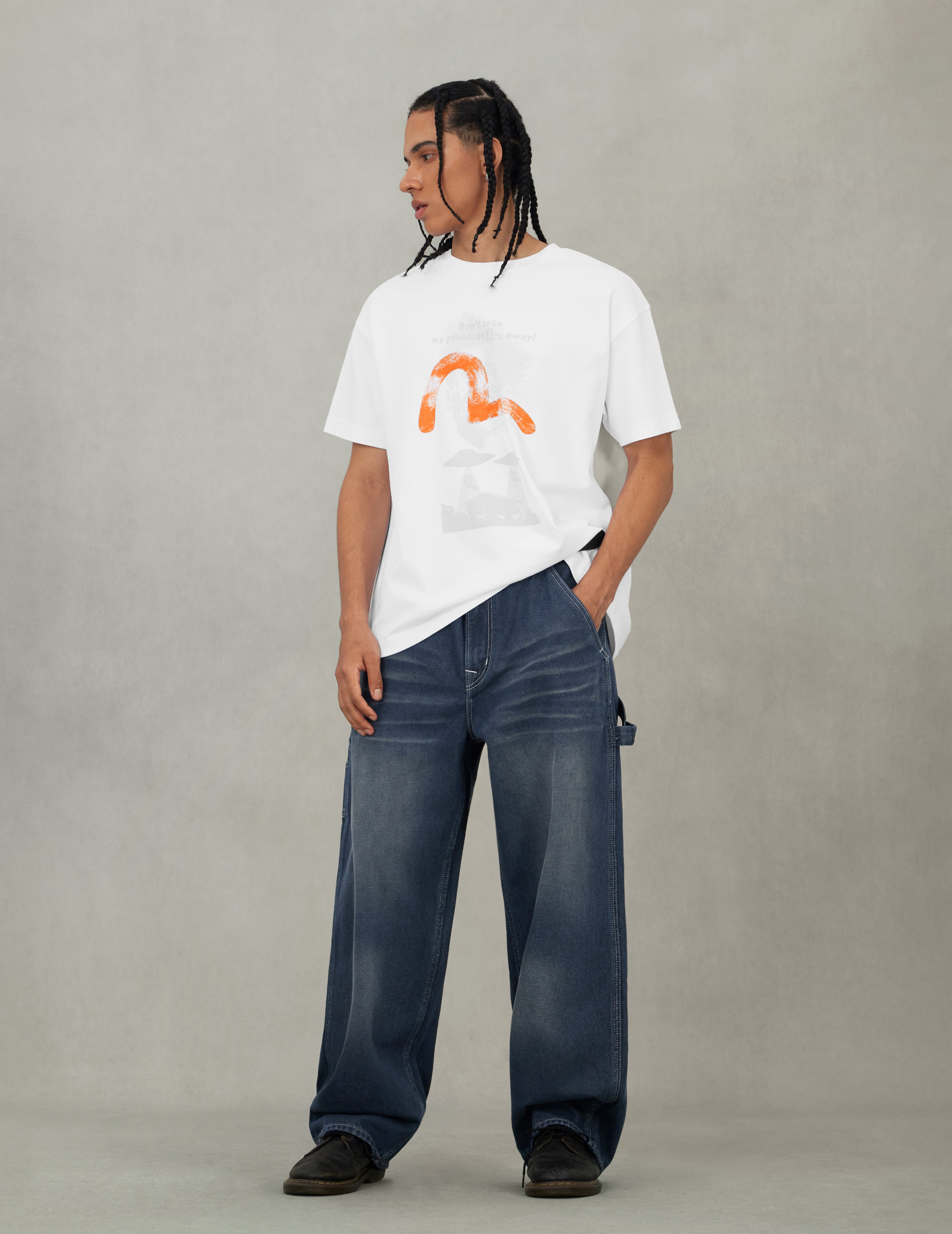 斑驳海鸥印花宽版工装牛仔裤