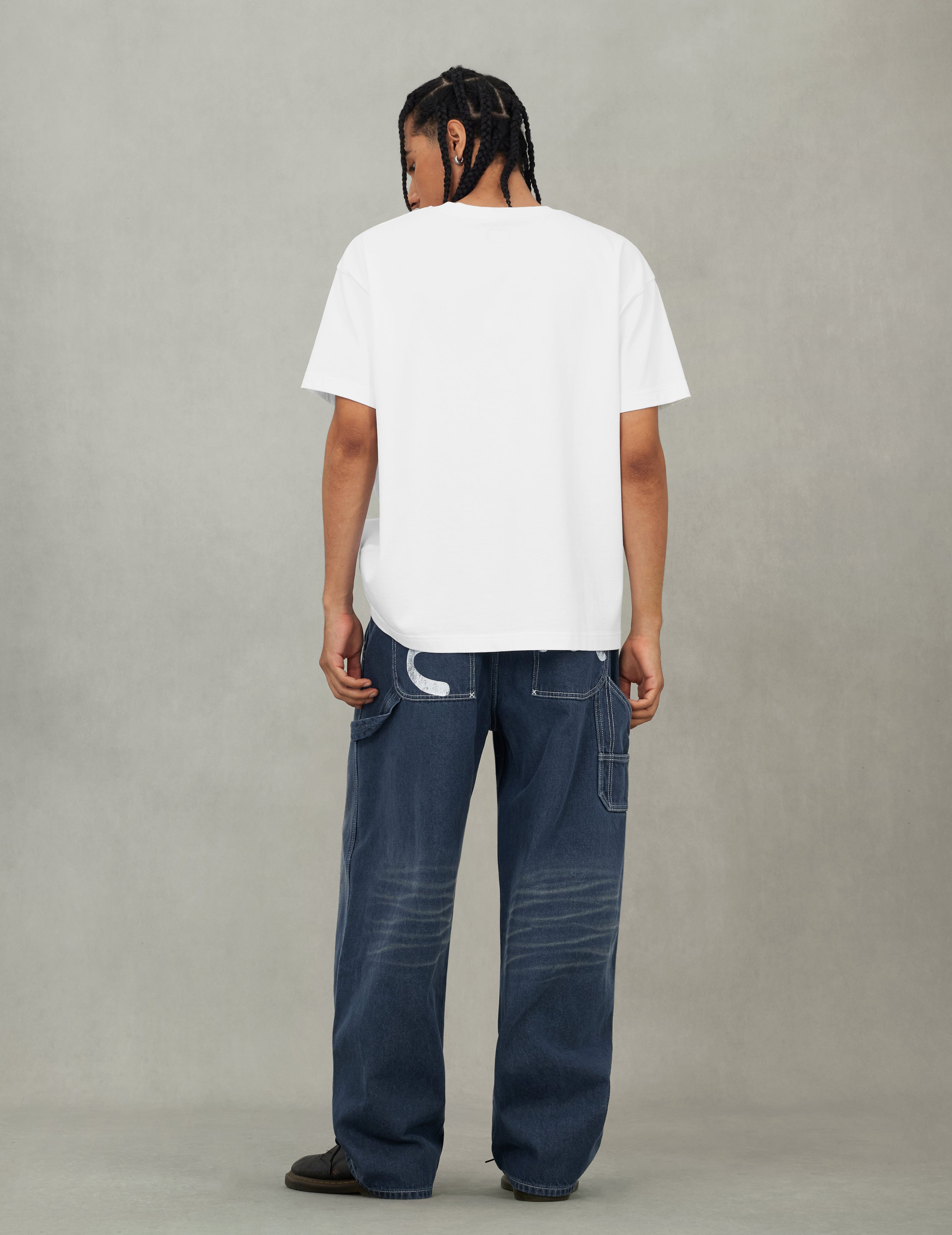 斑驳海鸥印花宽版工装牛仔裤