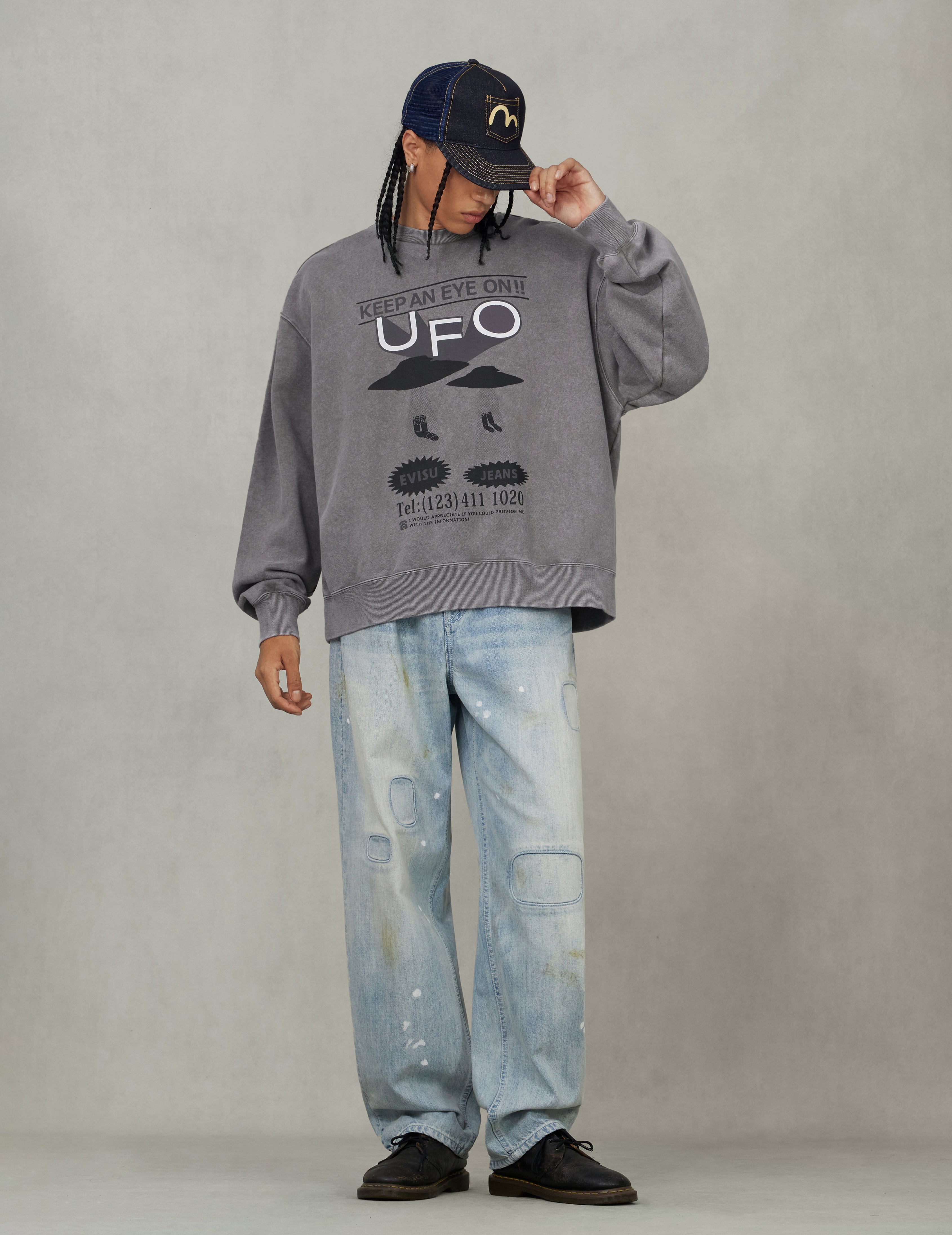 UFO Print and Seagull Appliqué Relax Fit Hoodie