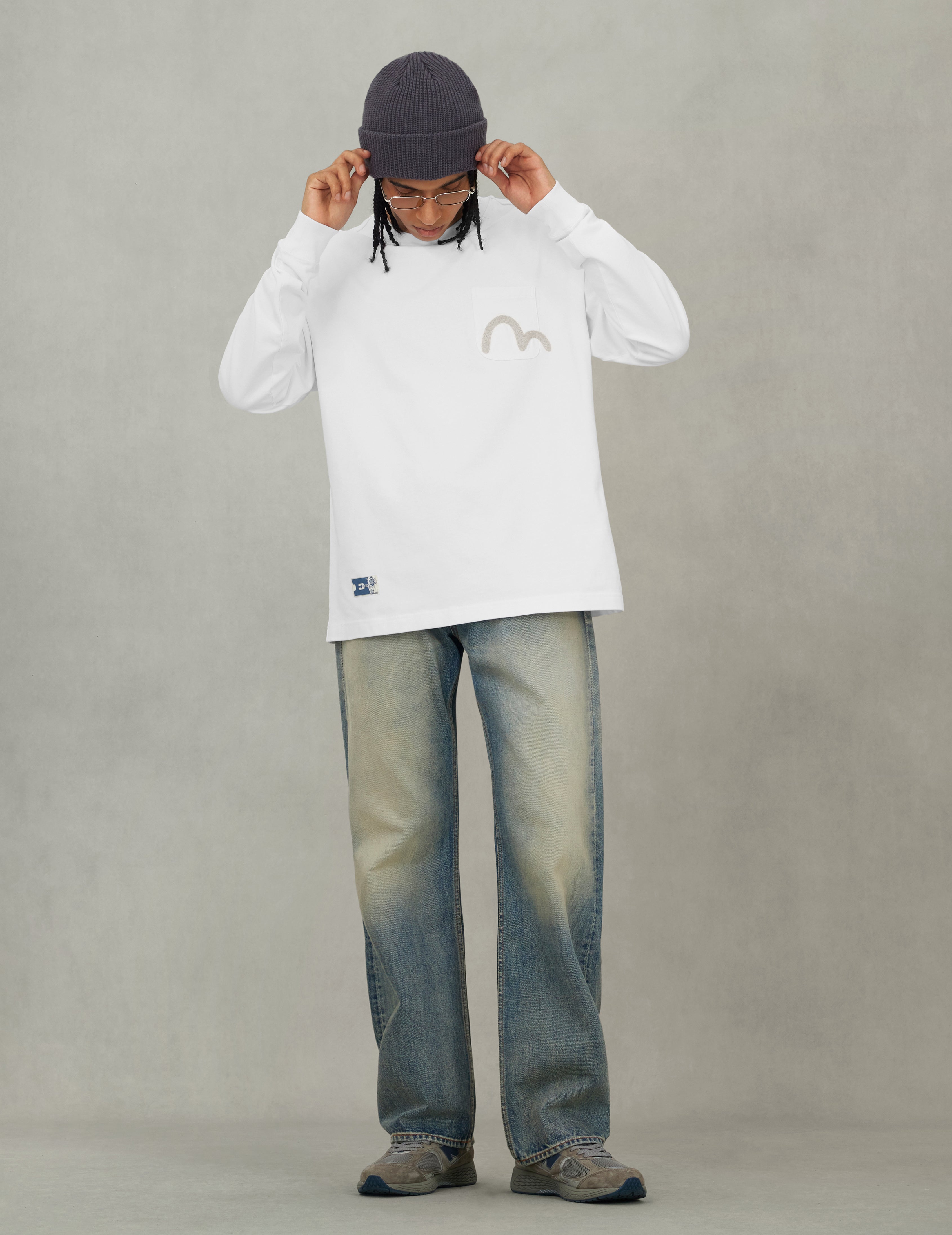 海鸥刺绣口袋宽版休闲长袖T恤