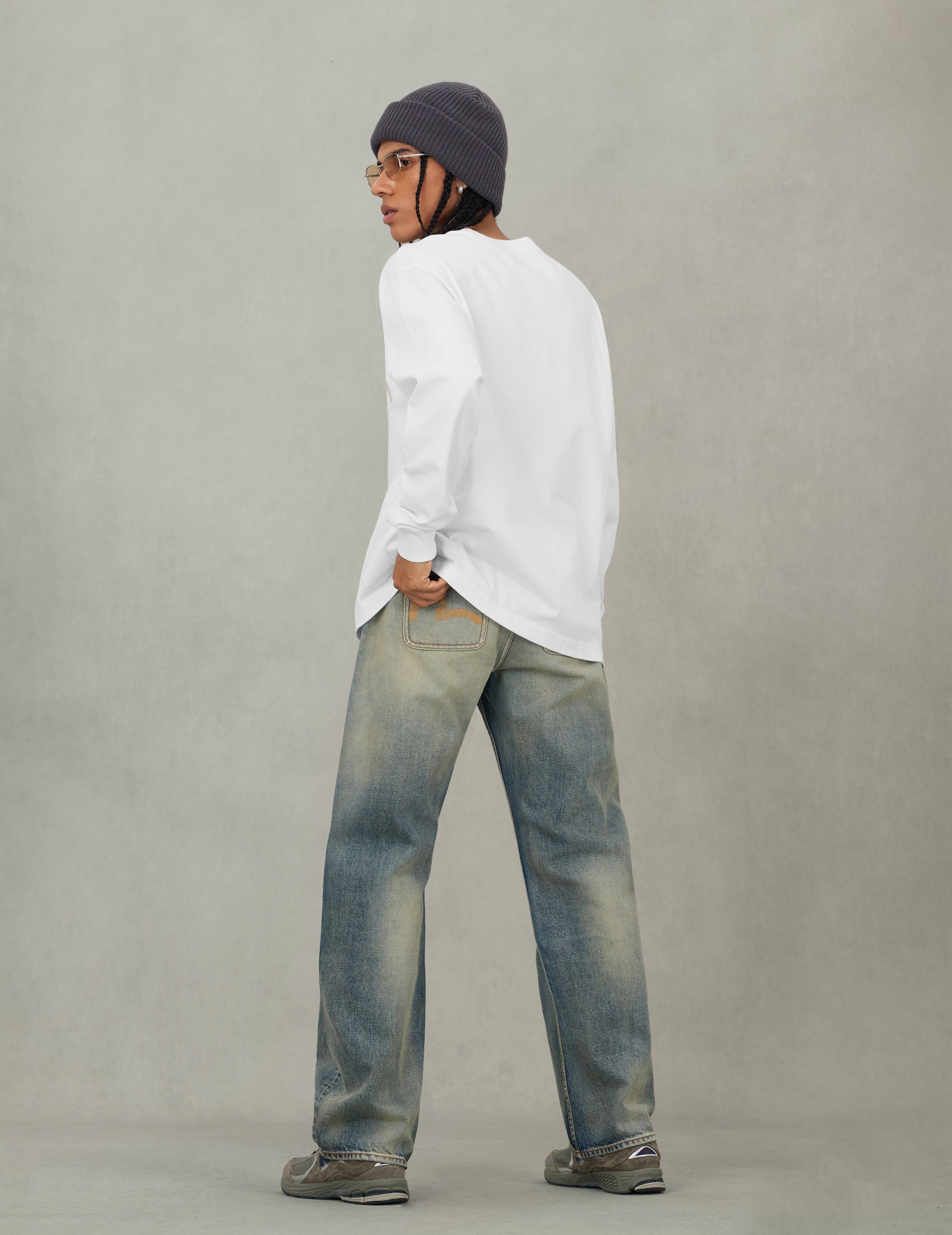 海鸥刺绣口袋宽版休闲长袖T恤