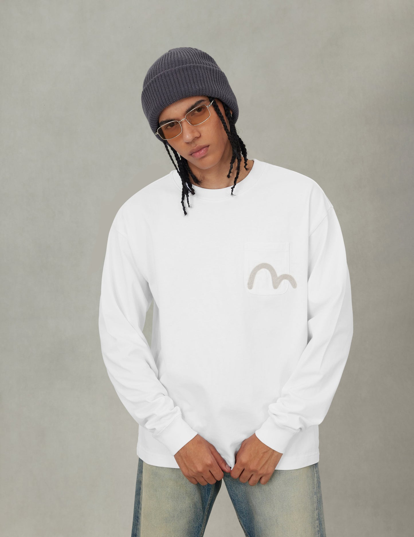 海鸥刺绣口袋宽版休闲长袖T恤