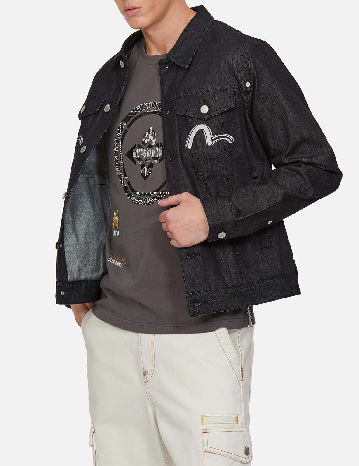 般若拼家花印花牛仔夹克