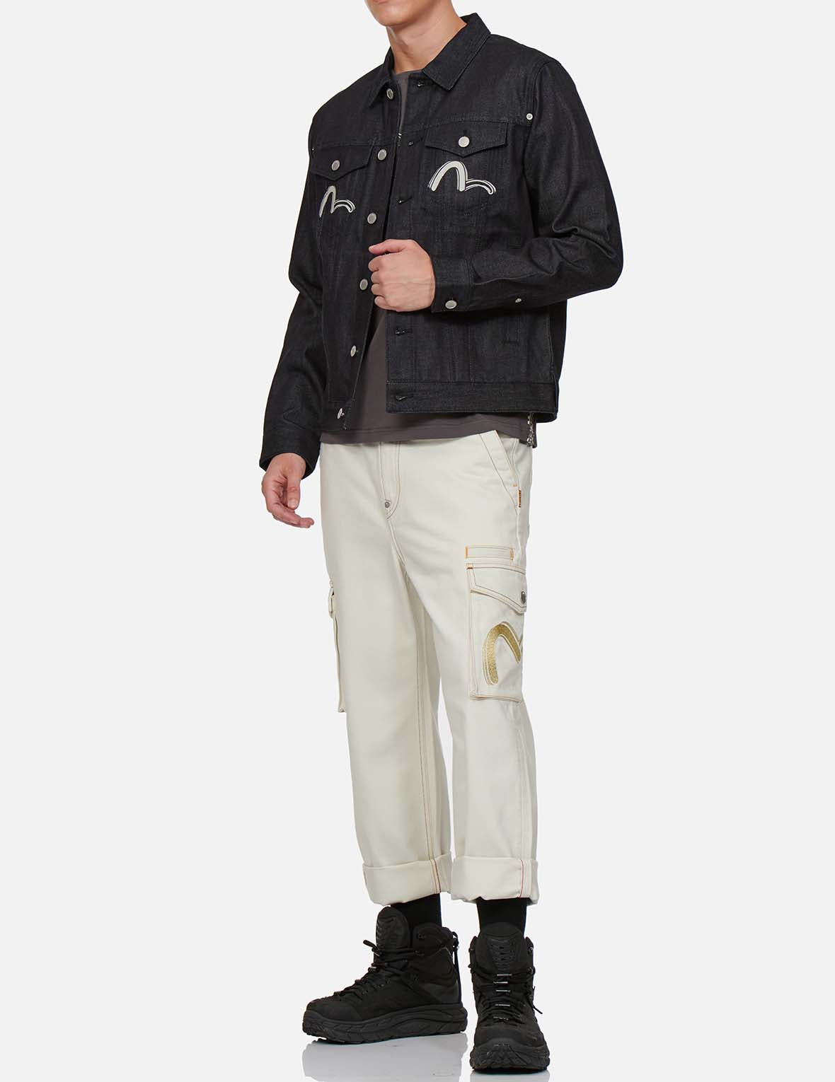 般若拼家花印花牛仔夹克