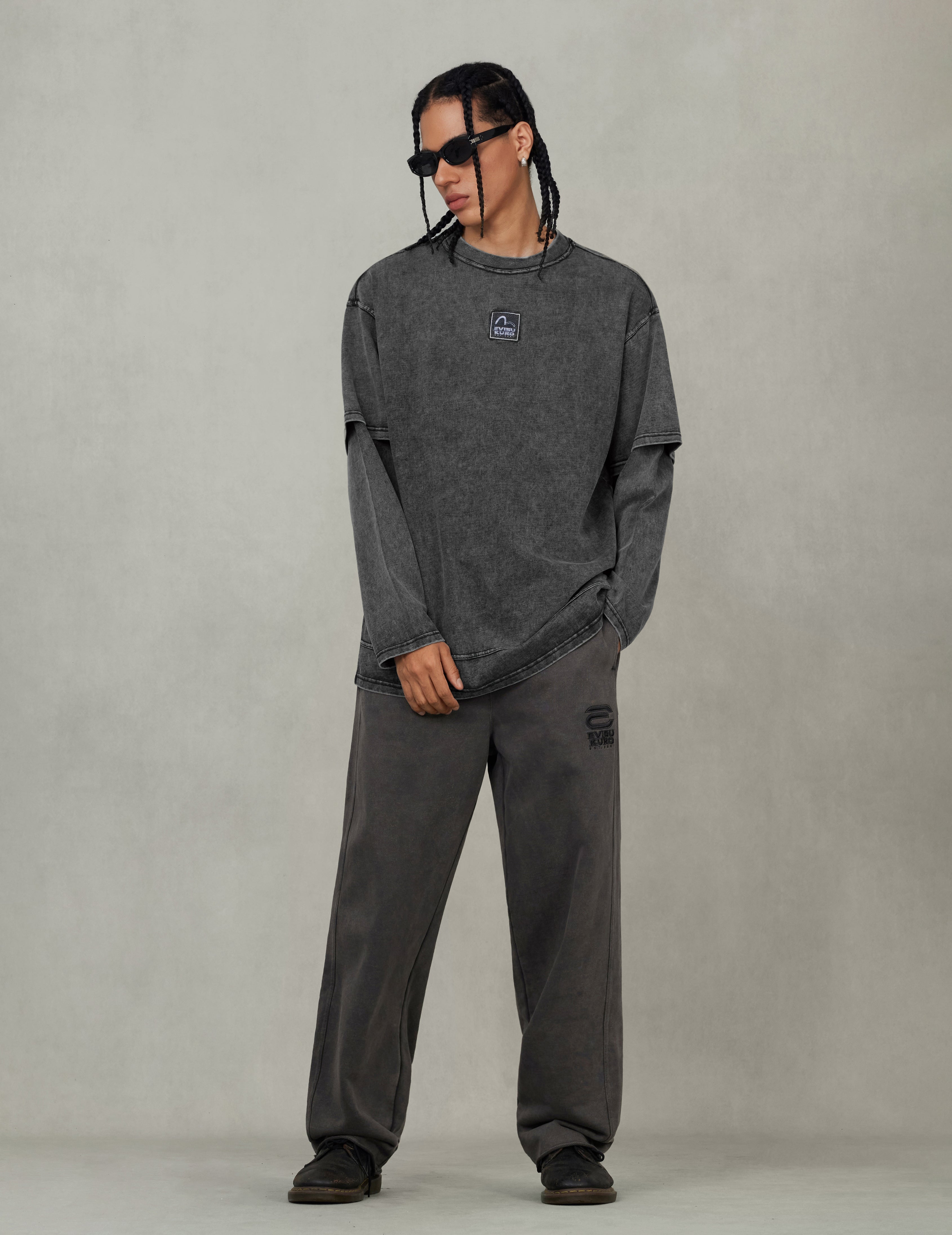 EVISUKURO Label and Seagull Print Oversized 2-in-1 long-sleeve T-shirt