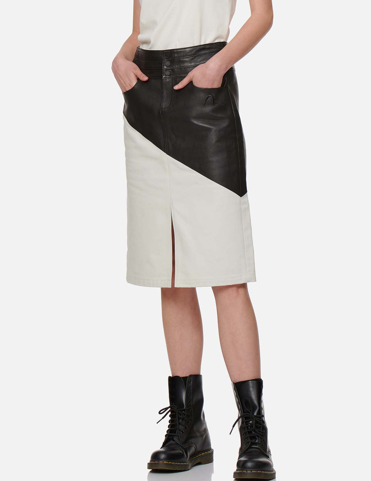 Contrast Leather Denim Skirt