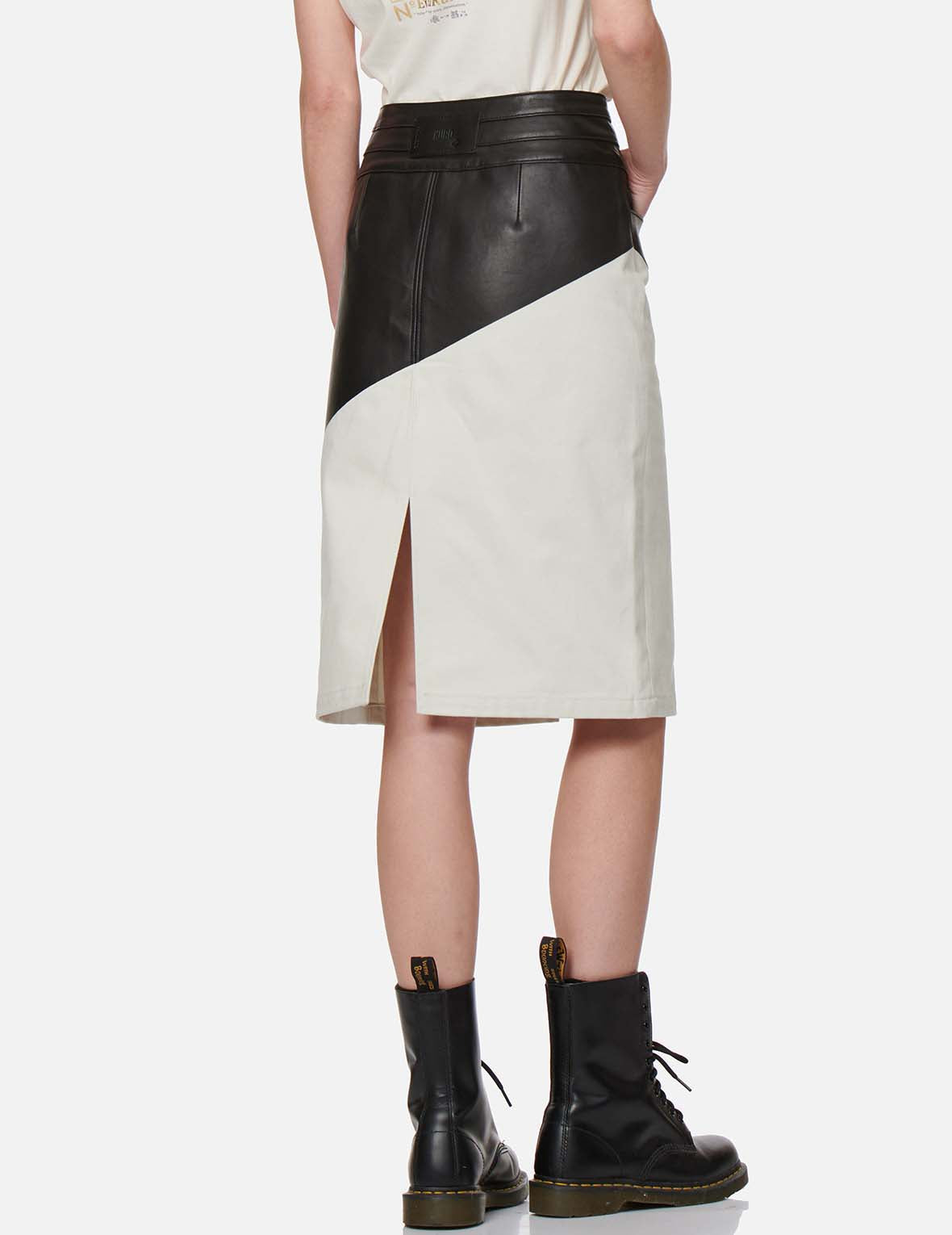 Contrast Leather Denim Skirt
