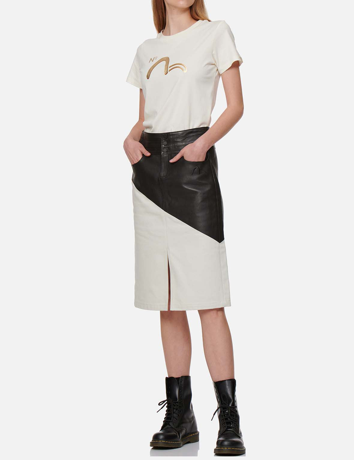 Contrast Leather Denim Skirt