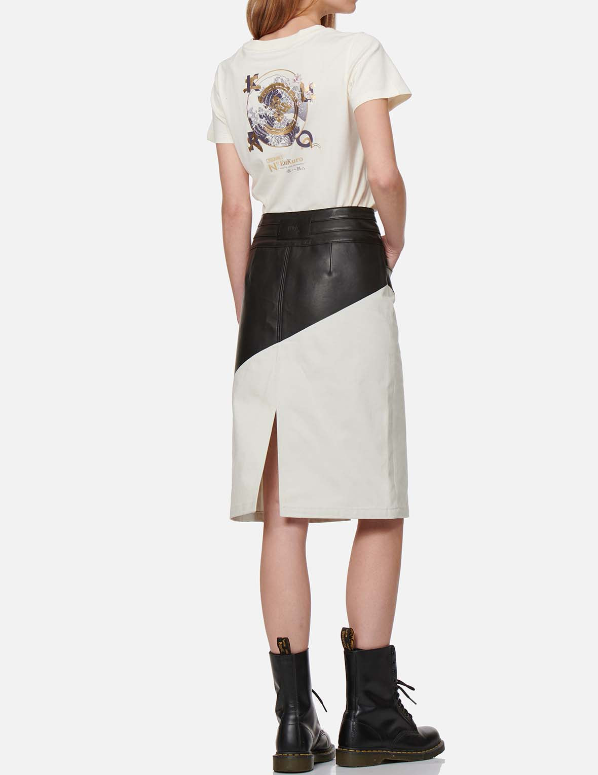 Contrast Leather Denim Skirt