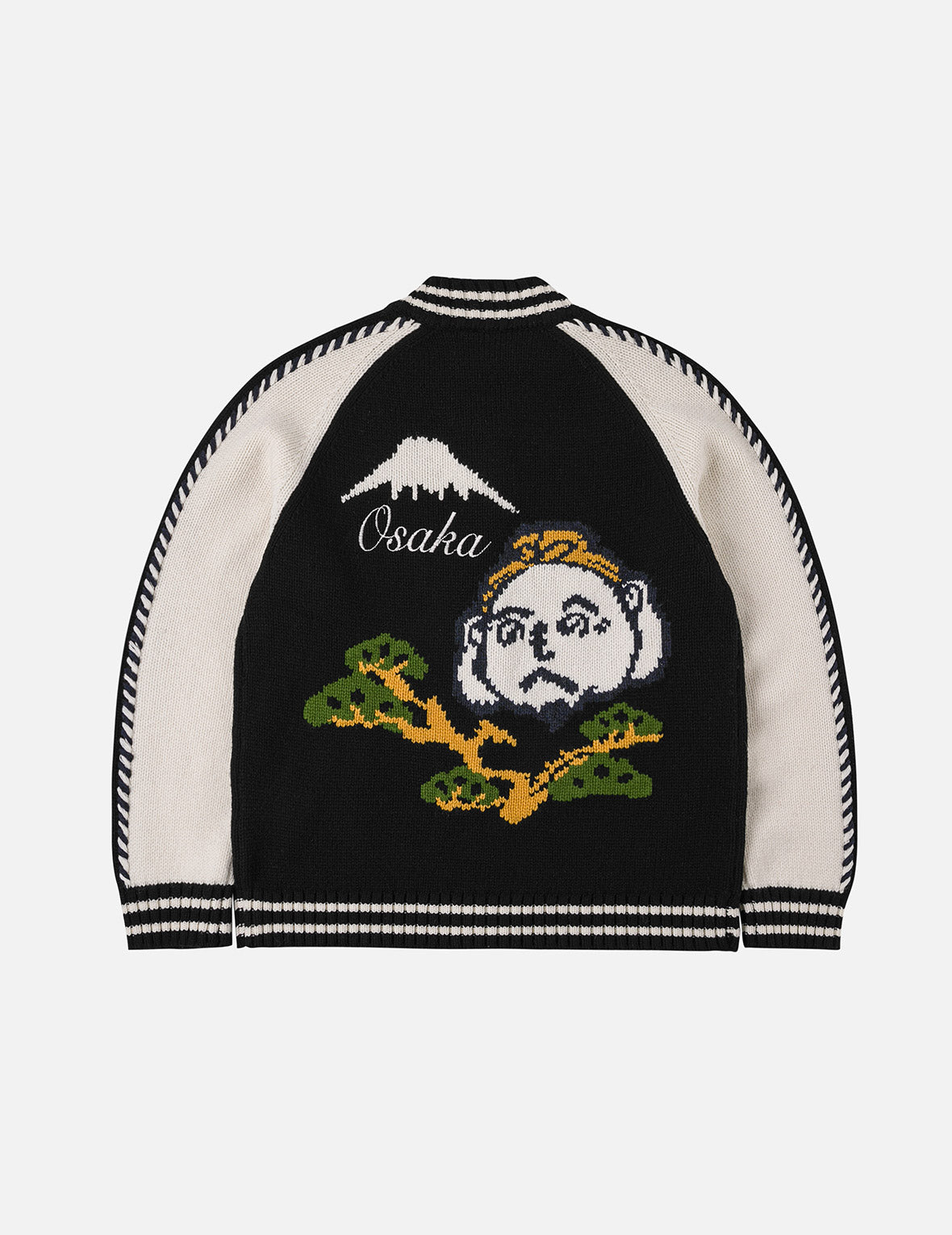 文字绘佛头嵌花宽版休闲编织羊毛外套