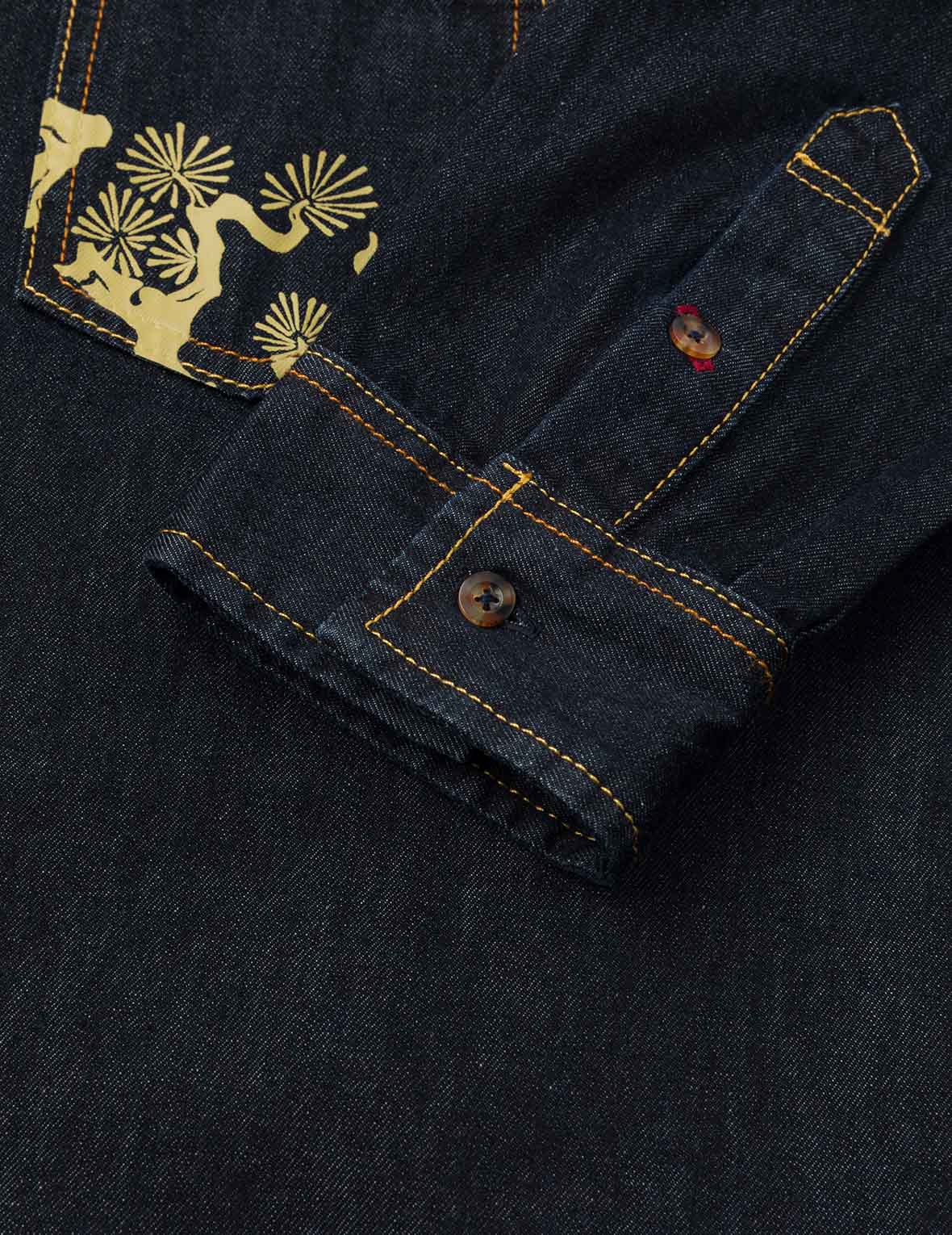 Multi-pocket and Barcode Seagull Embroidery Regular Fit Denim Shirt