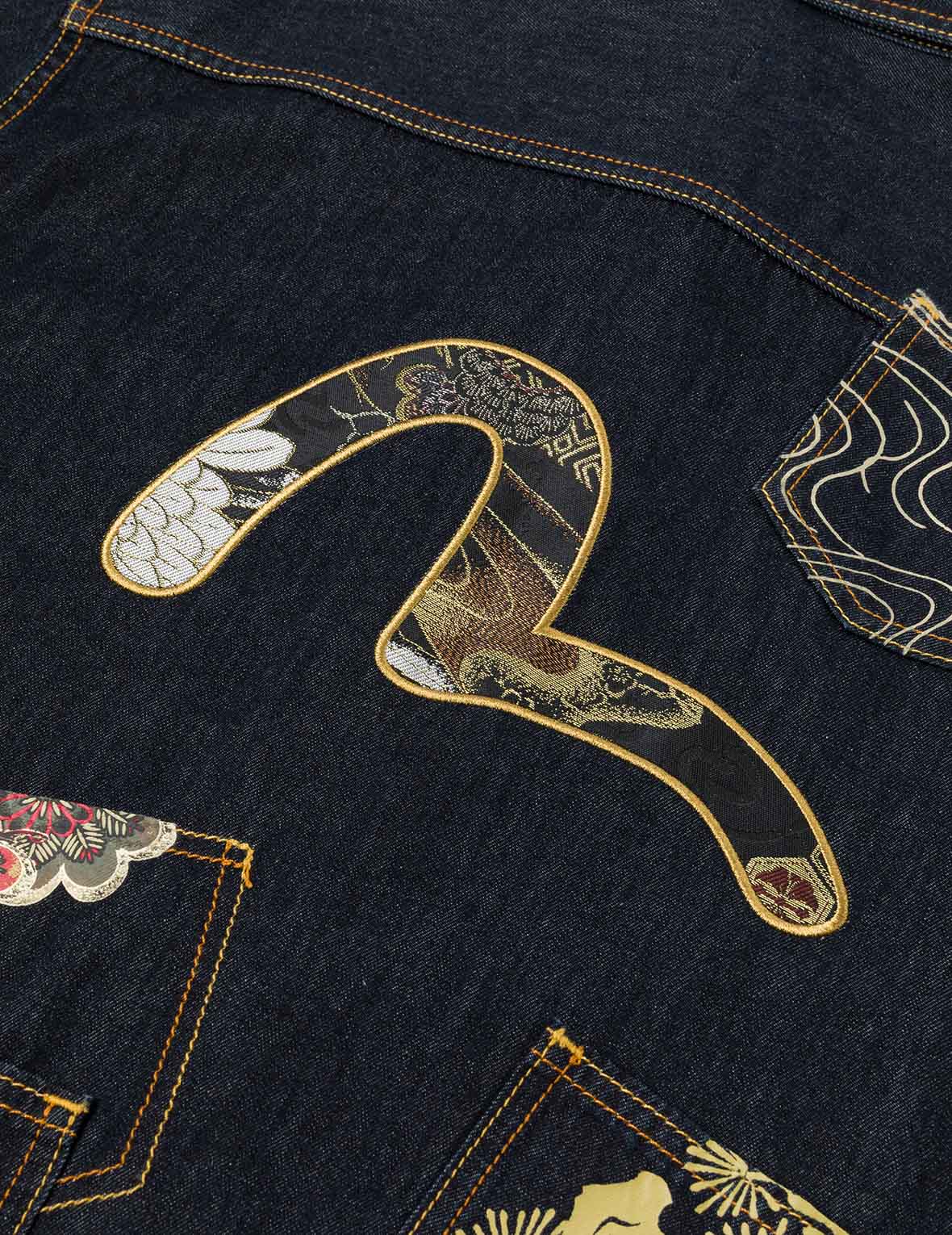 Multi-pocket and Barcode Seagull Embroidery Regular Fit Denim Shirt