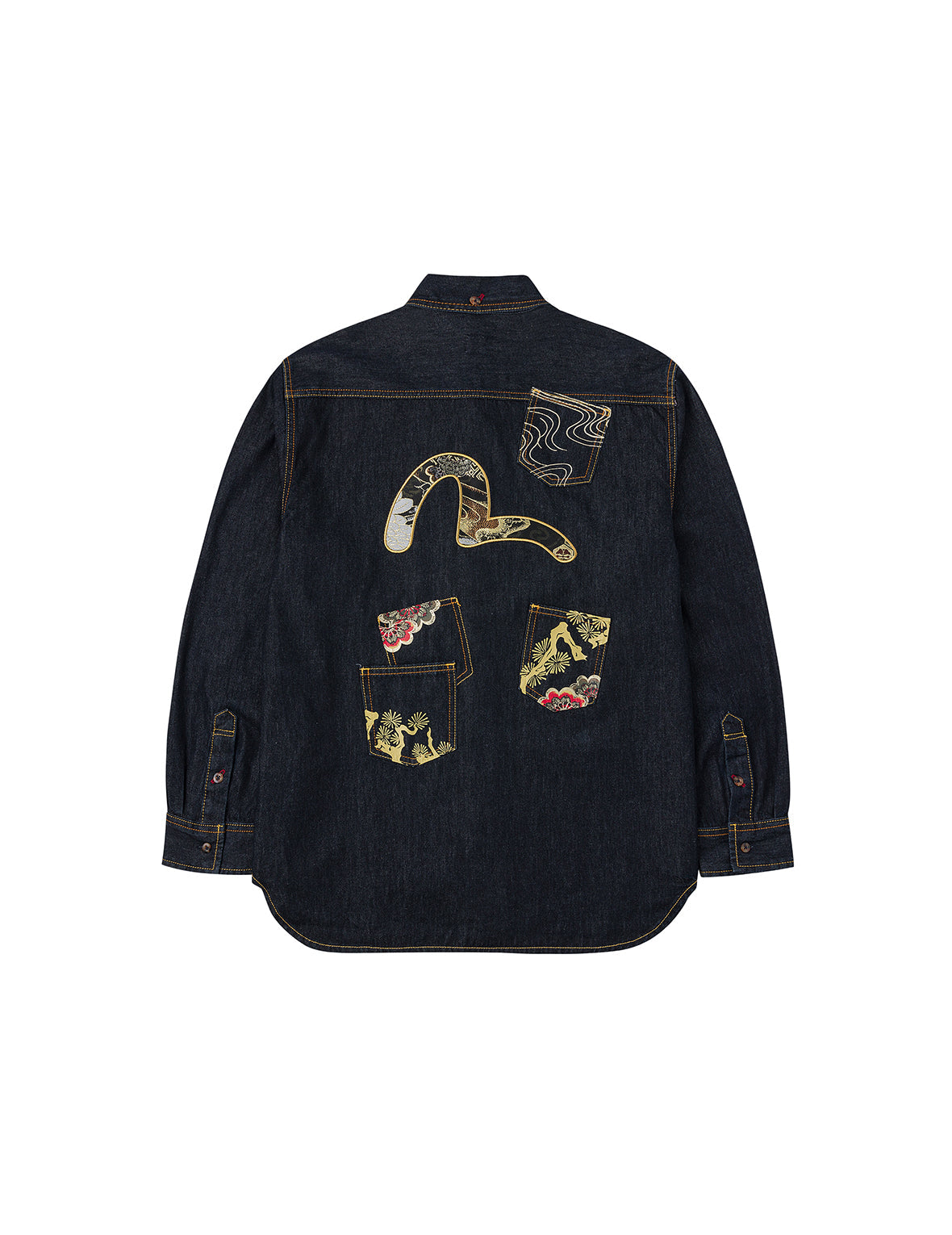 Multi-pocket and Barcode Seagull Embroidery Regular Fit Denim Shirt