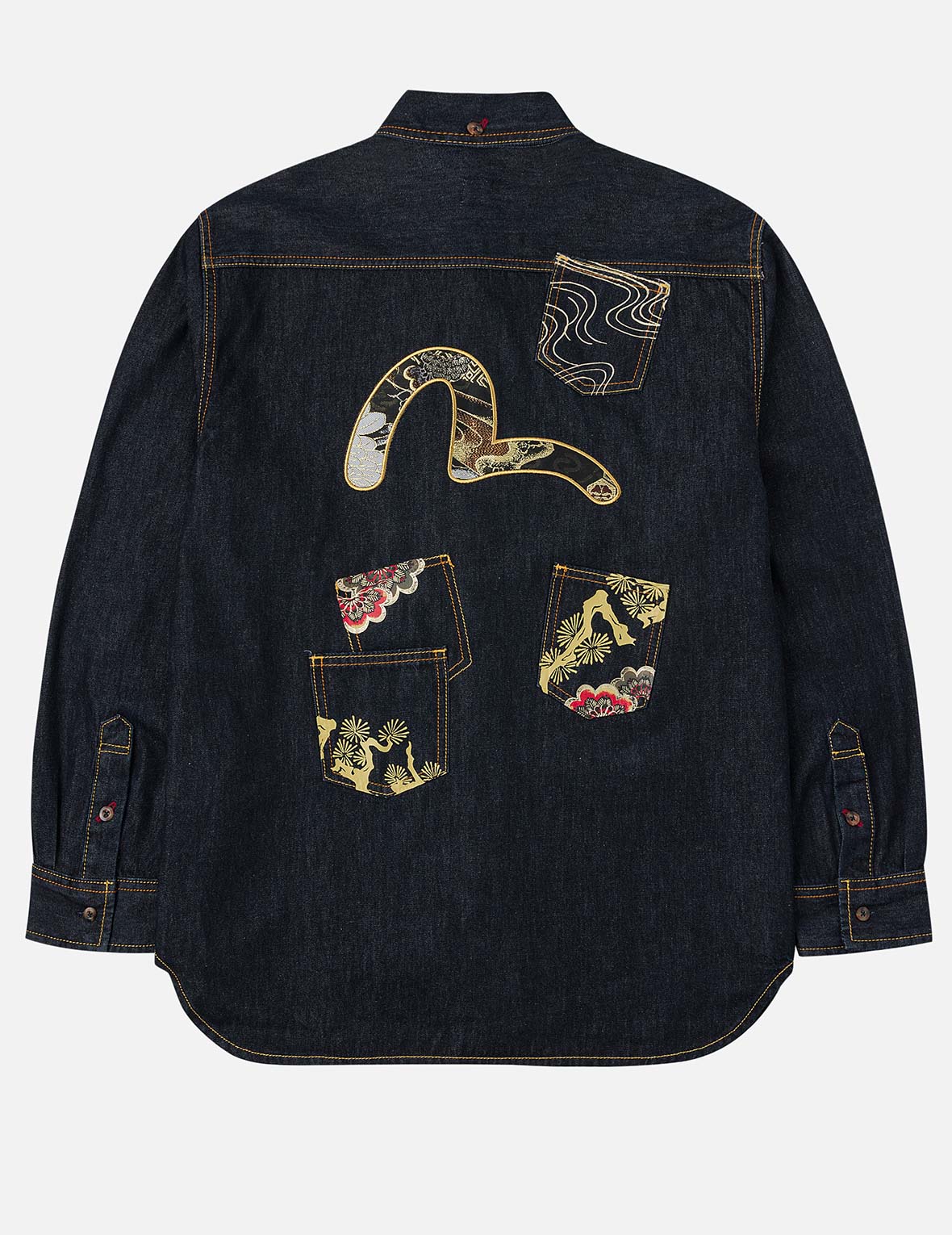 Multi-pocket and Barcode Seagull Embroidery Regular Fit Denim Shirt