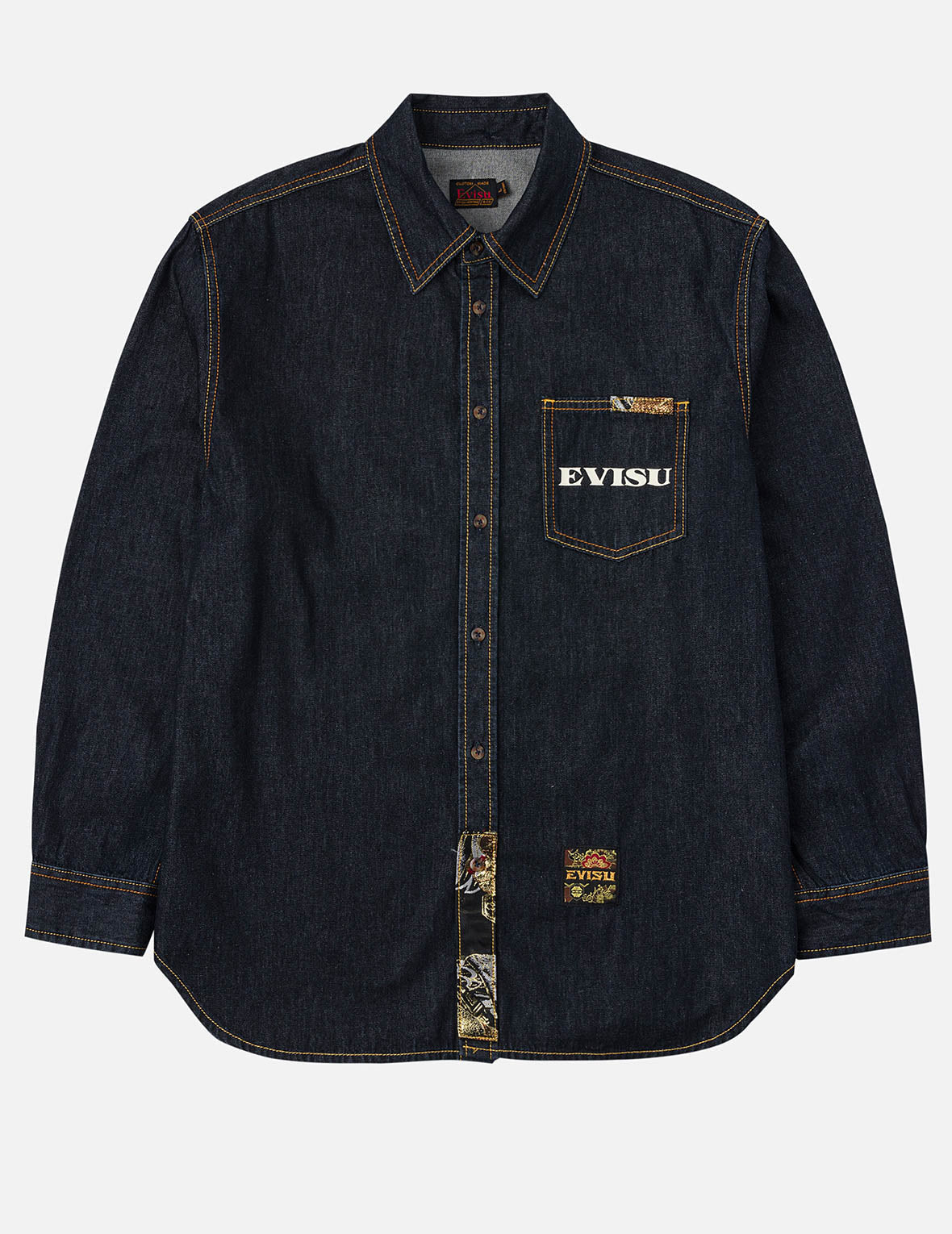 Multi-pocket and Barcode Seagull Embroidery Regular Fit Denim Shirt