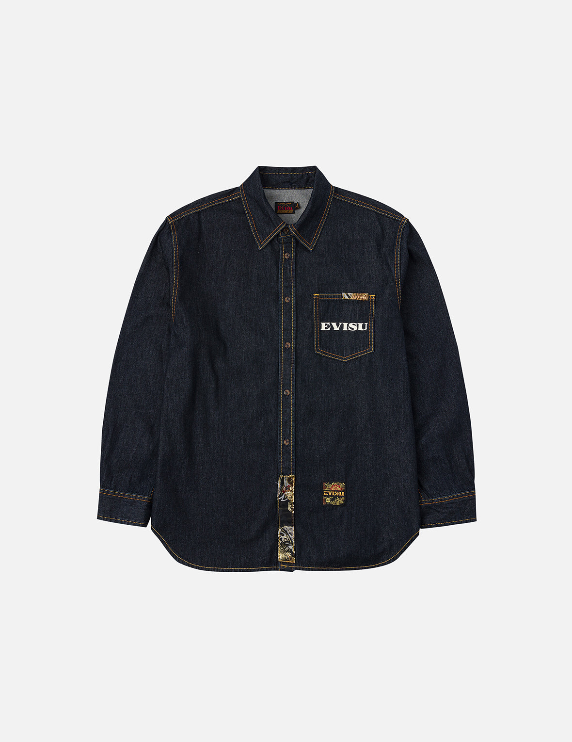 Multi-pocket and Barcode Seagull Embroidery Regular Fit Denim Shirt
