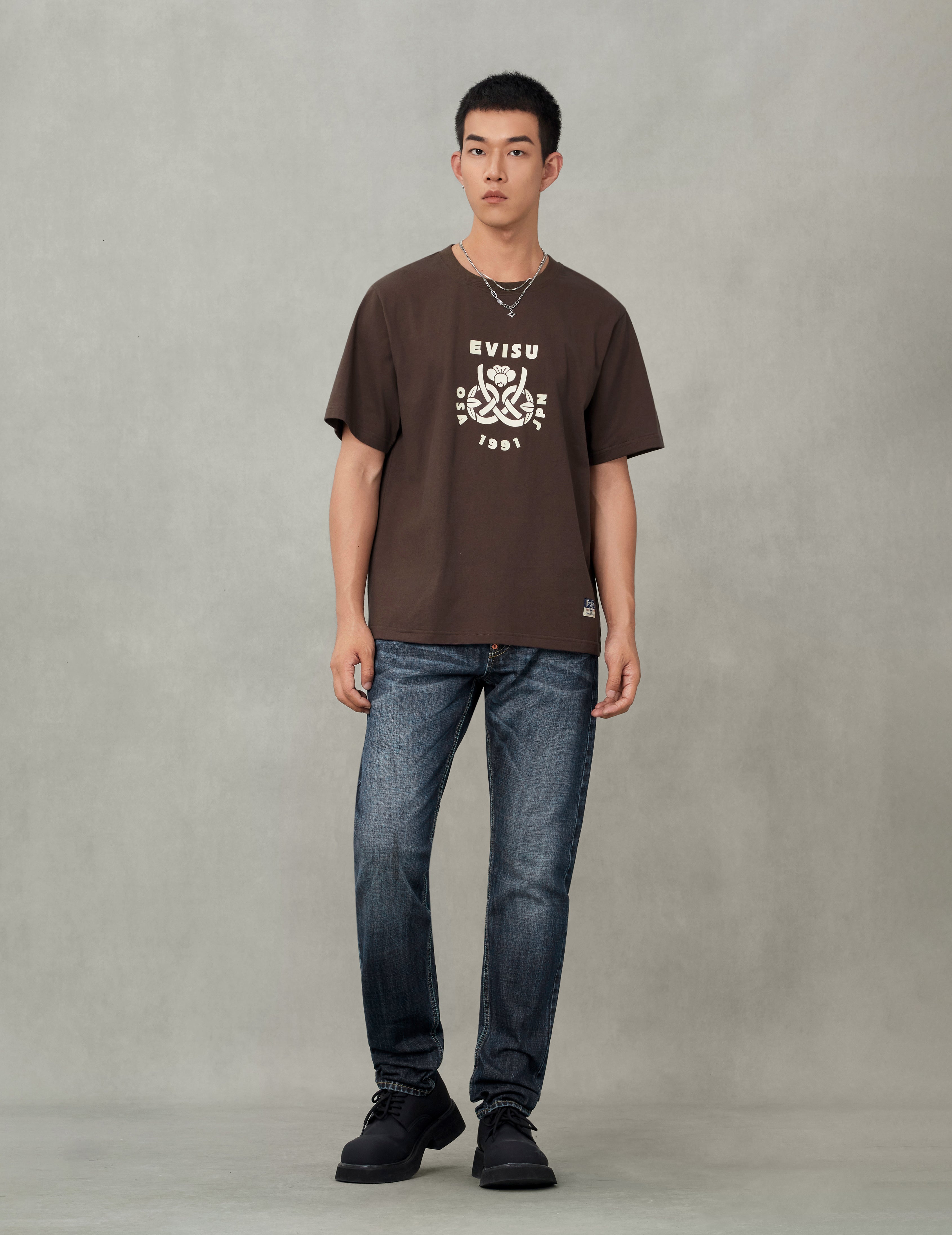 佛头舞狮大M印花锥型牛仔裤