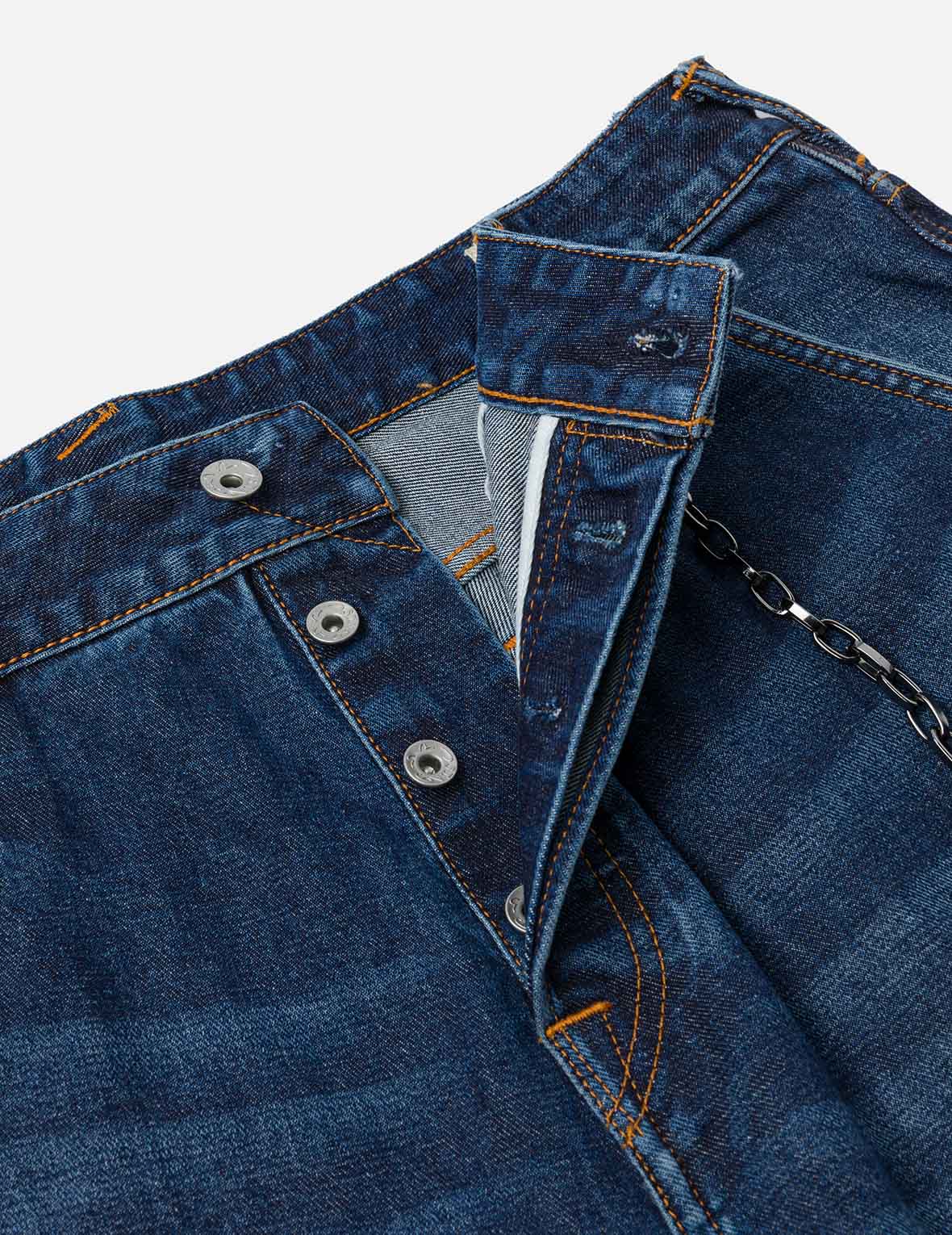 多口袋和海鸥仙鹤印花宽版洗水牛仔束脚裤