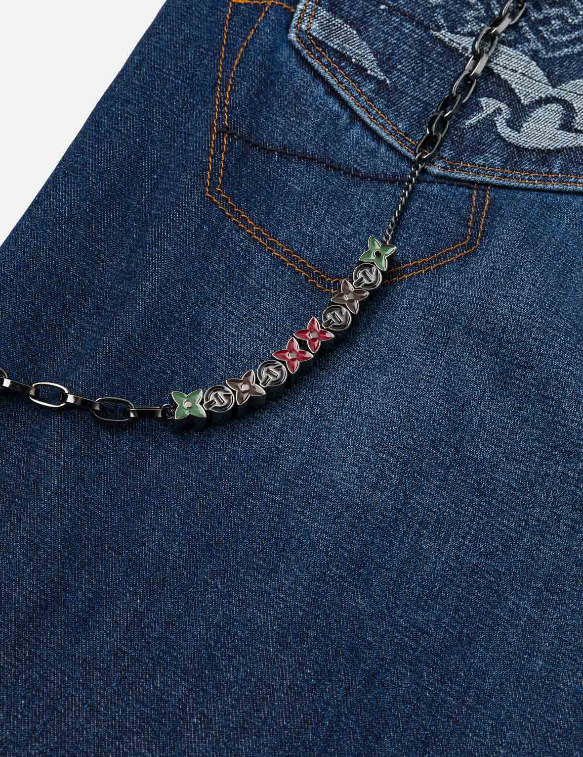 多口袋和海鸥仙鹤印花宽版洗水牛仔束脚裤