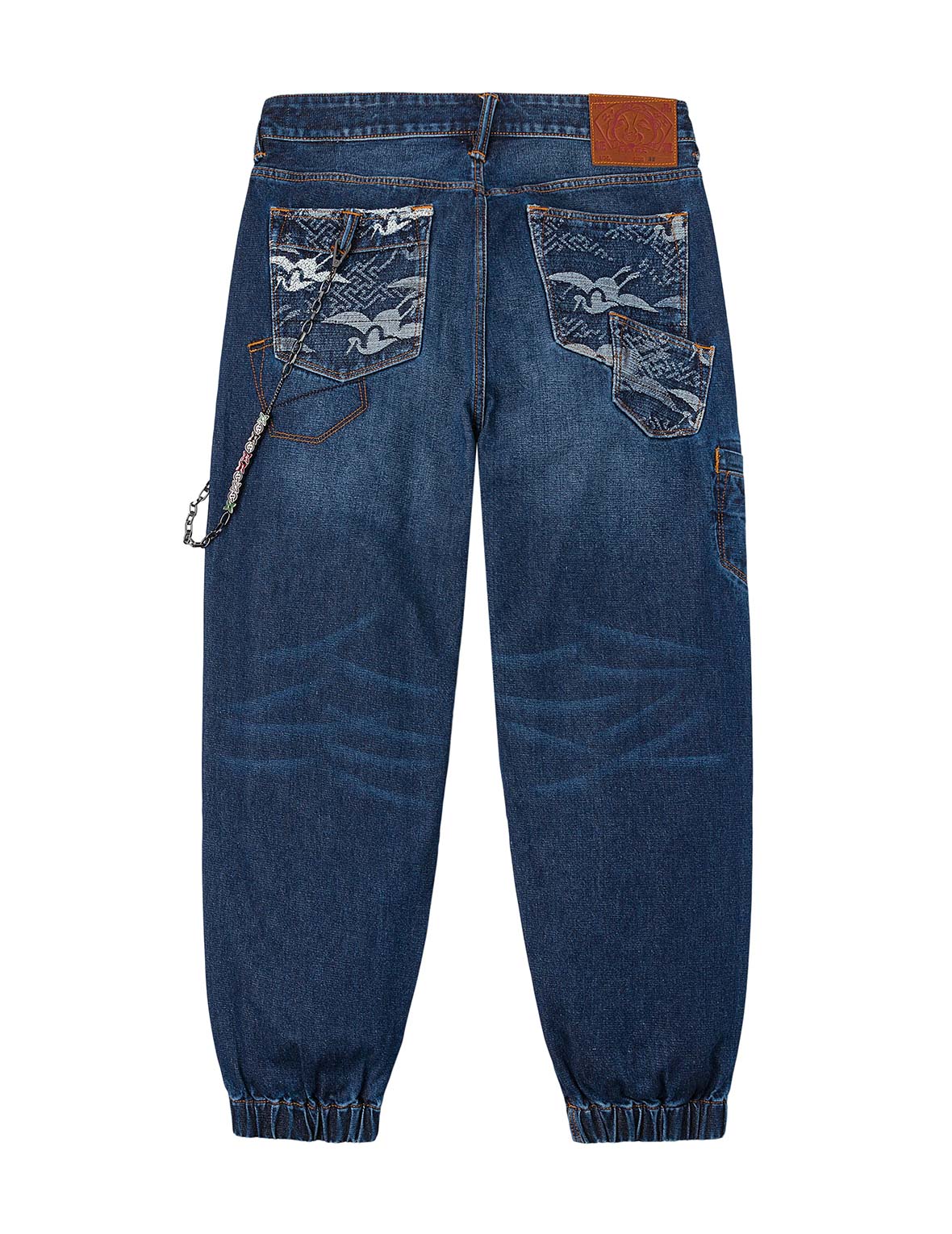 Multi-pocket and Seagull Crane Print Loose Fit Washed Denim Joggers