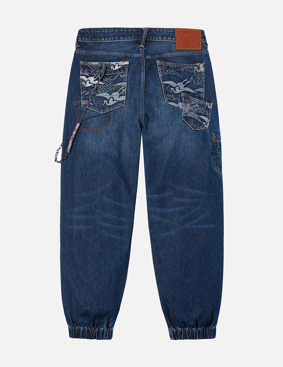 Multi-pocket and Seagull Crane Print Loose Fit Washed Denim Joggers