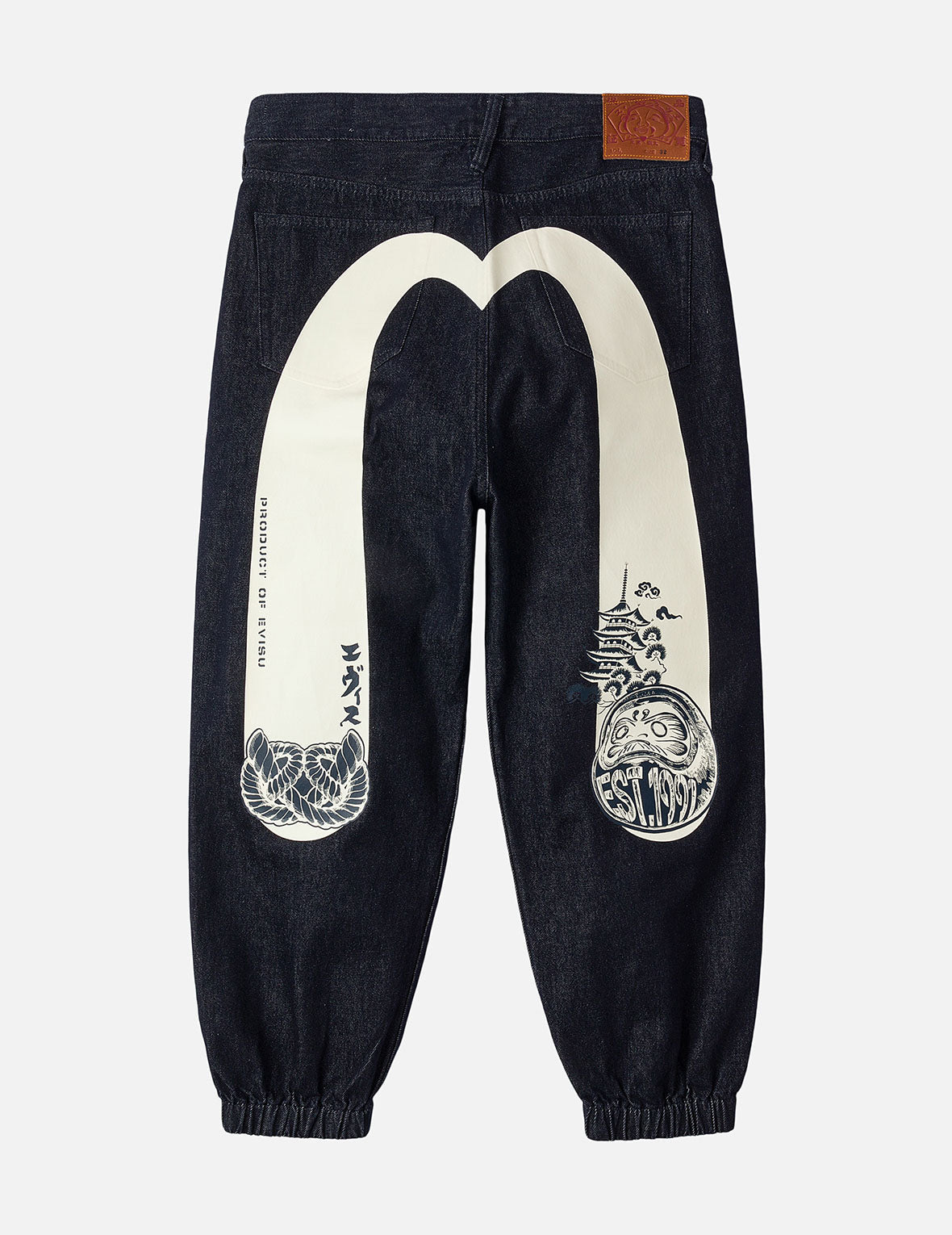 Daruma and Wheel of Wisdom Daicock Print Loose Fit Denim Joggers