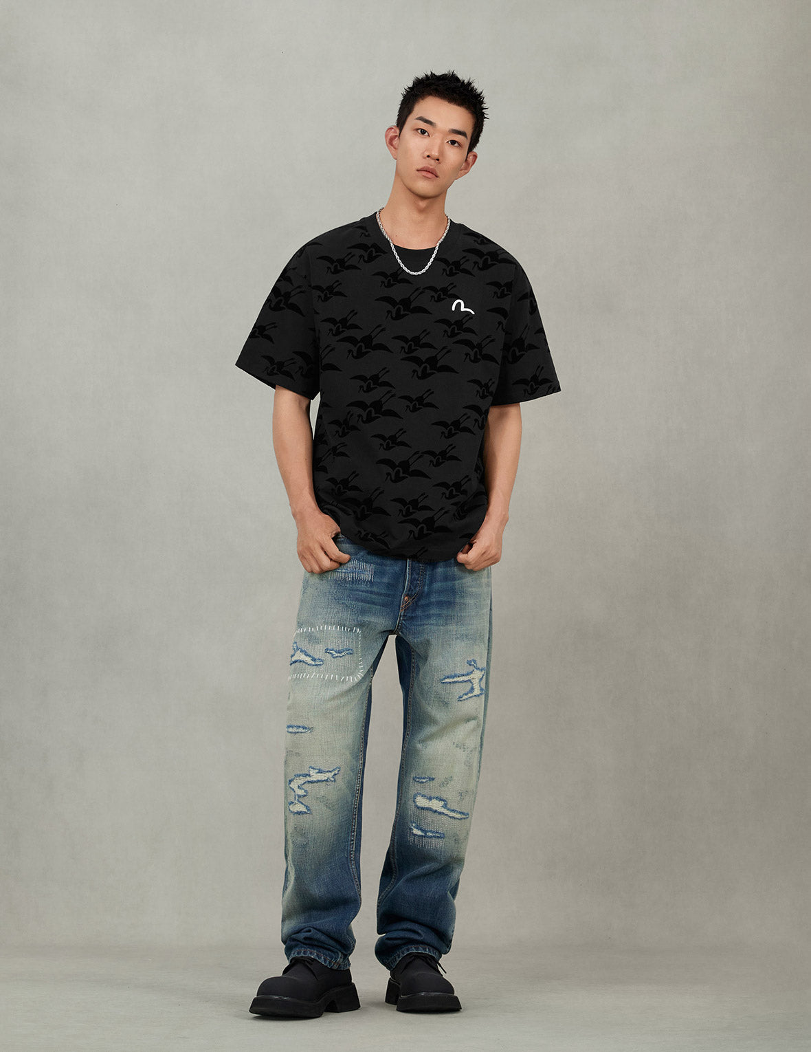 满地海鸥仙鹤植绒印花宽版休闲T恤