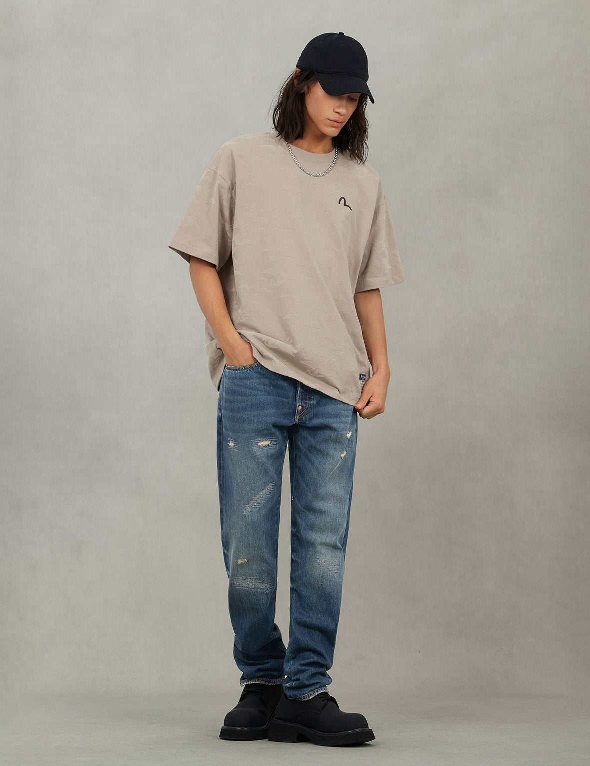 满地海鸥仙鹤植绒印花宽版休闲T恤