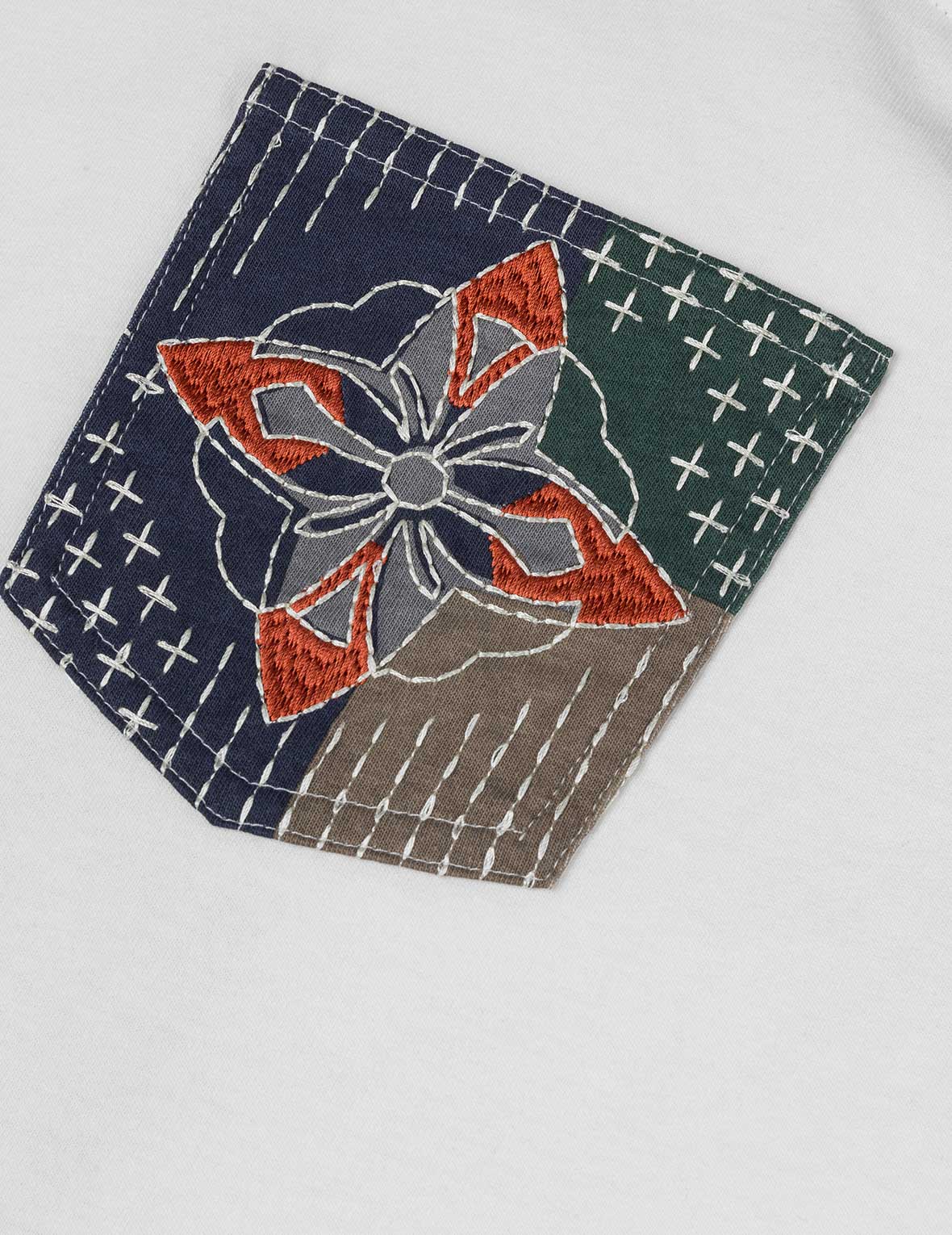 Multi-pocket Color Blocking Sashiko Loose Fit T-shirt