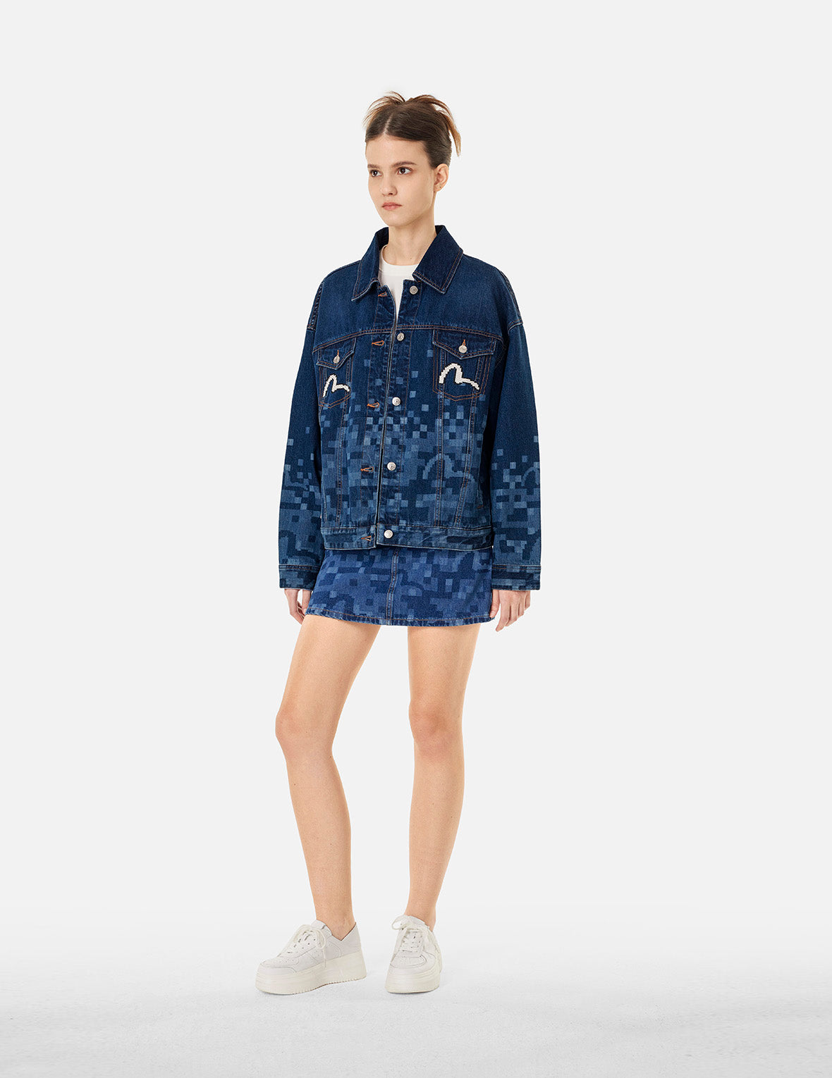 Pixel Seagull Embroidery and Print Oversized Denim Jacket