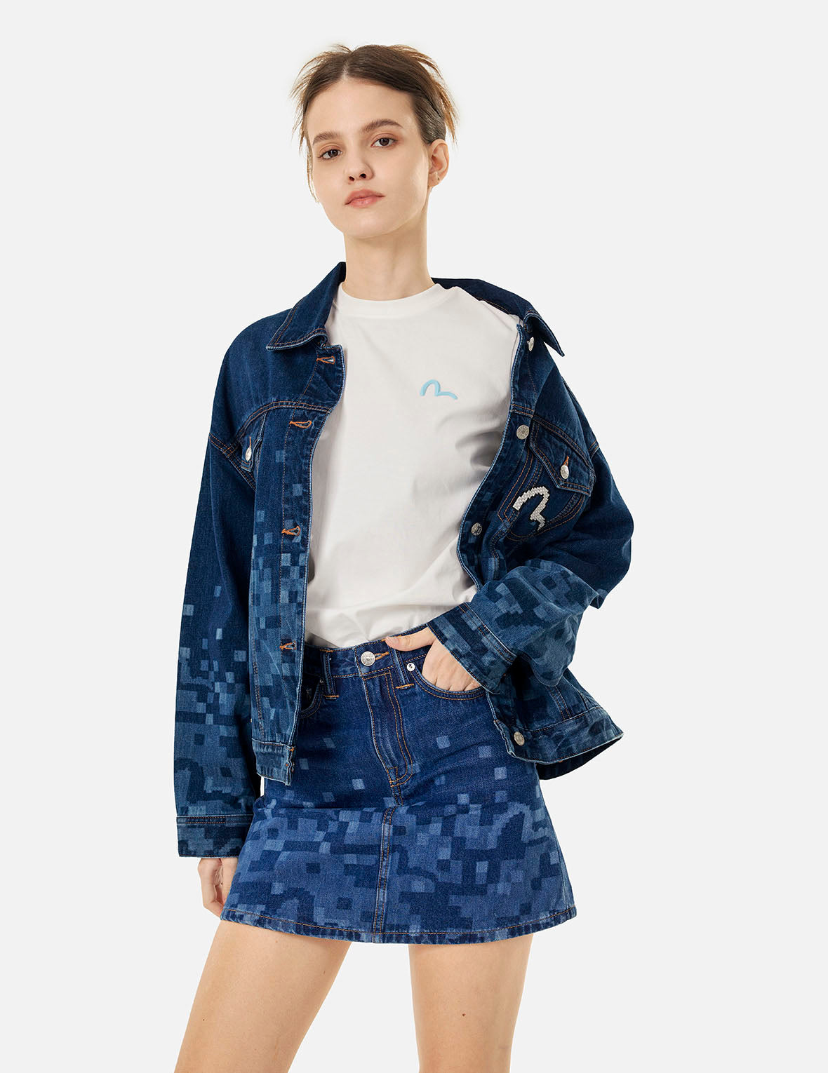 Pixel Seagull Embroidery and Print Oversized Denim Jacket