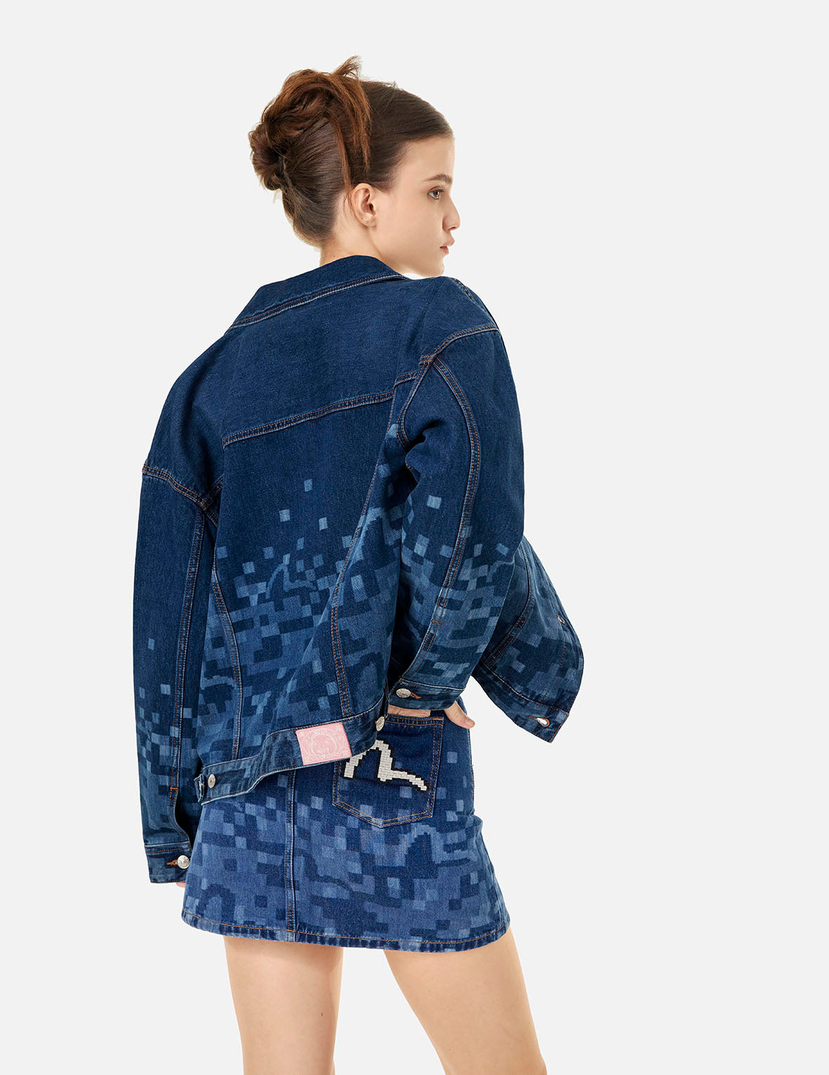 Pixel Seagull Embroidery and Print Oversized Denim Jacket