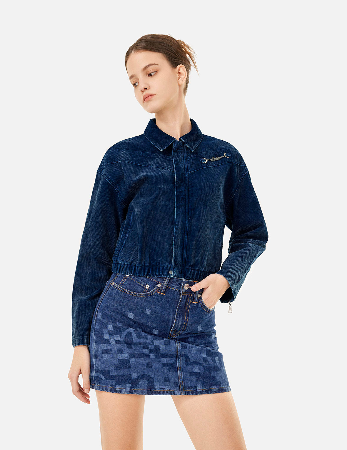 Logo Embroidery Fashion Fit Washed Corduroy Denim Jacket