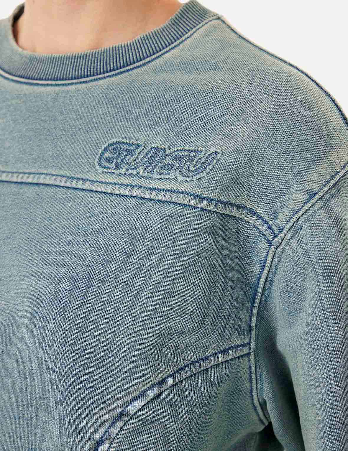 Distressed Appliqué Embroidery Washed Fashion Fit Cropped Sweatshirt