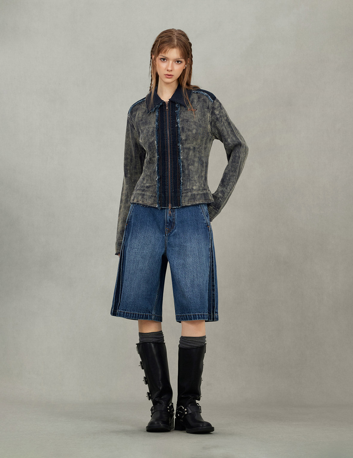 牛仔并布时尚版型拉链外套