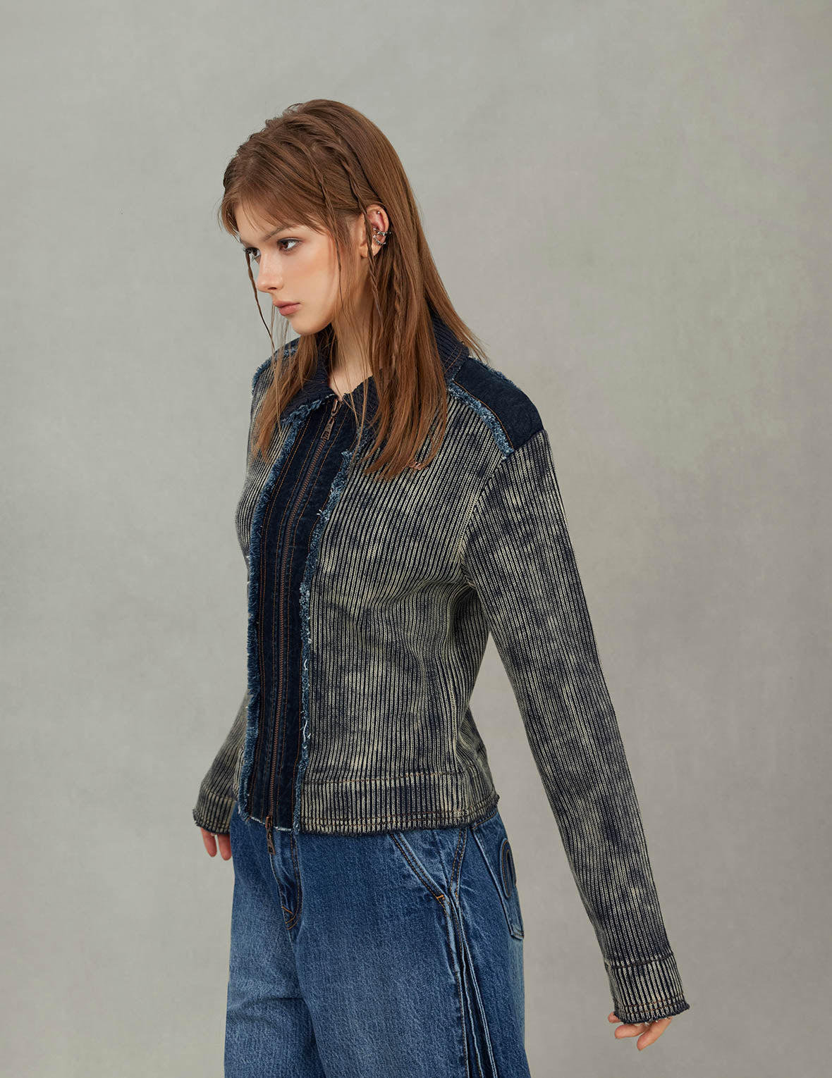 牛仔并布时尚版型拉链外套