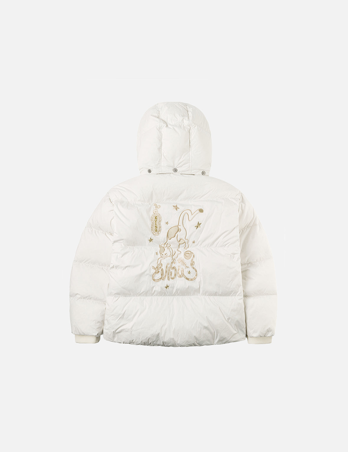 Gold-Thread Cat Appliqué Fashion Fit Down Jacket with Detachable Hood