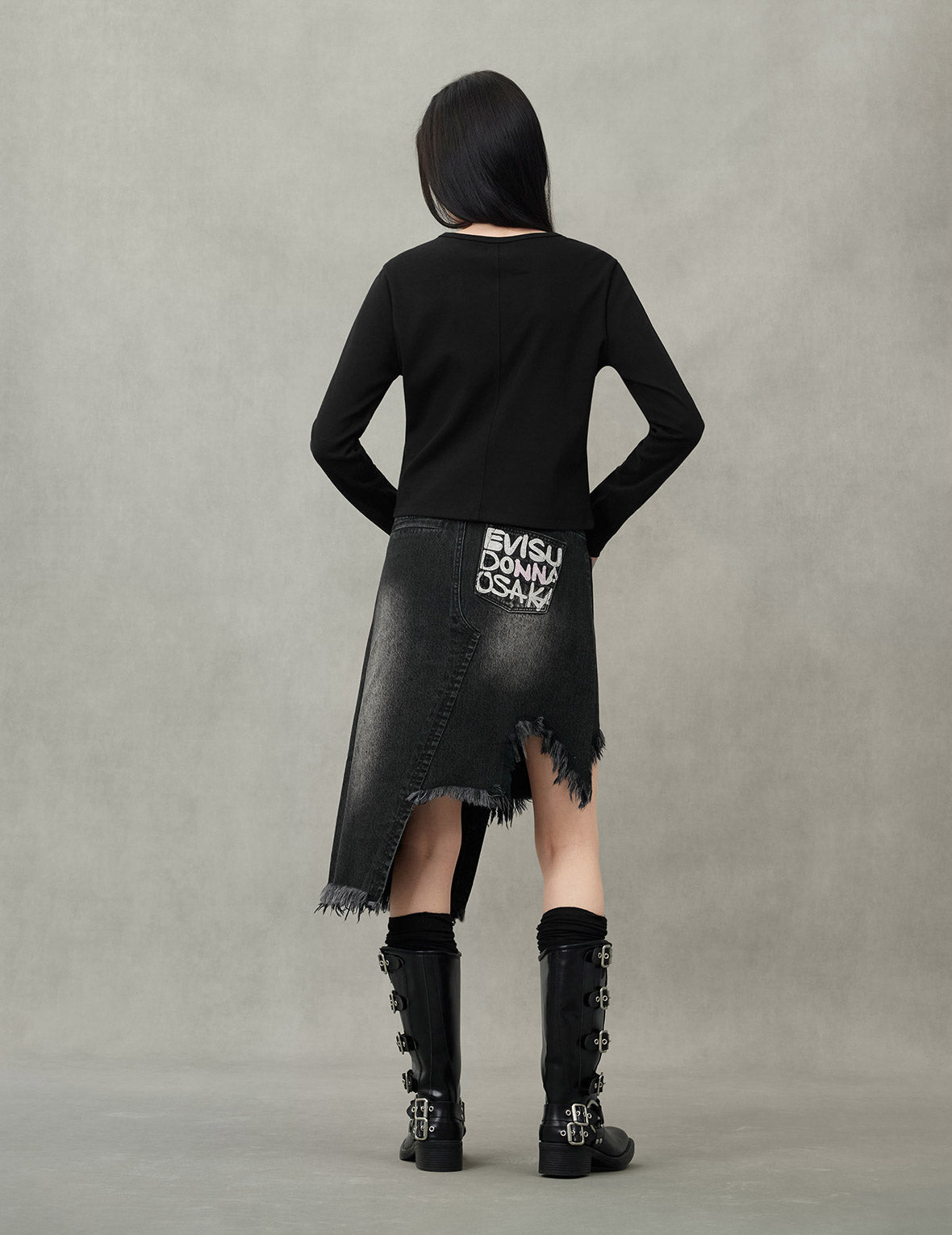 海鸥和口号刺绣常规版型解构洗水牛仔裙