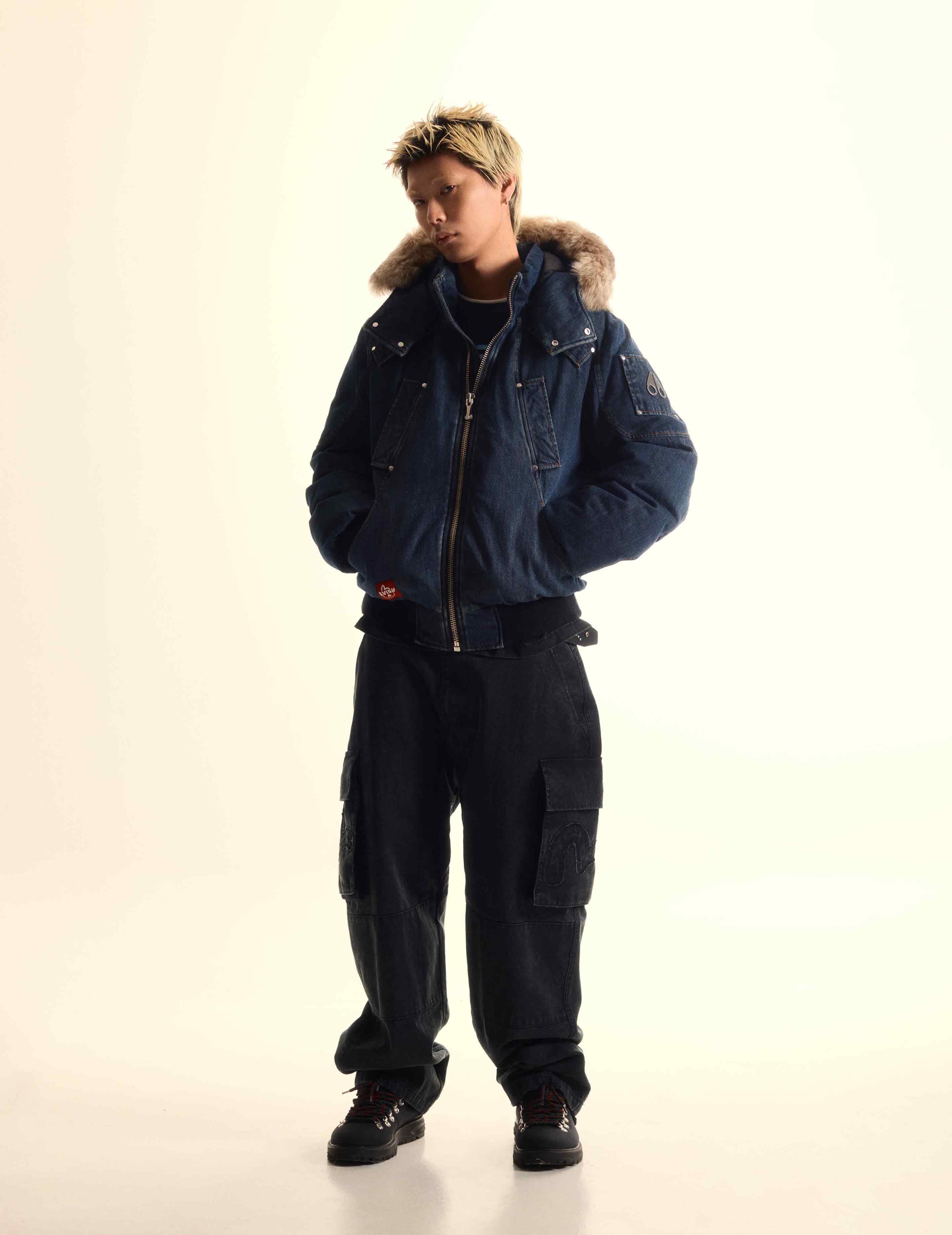 EVISU X MOOSE KNUCKLES Ukiyo-e Denim Bomber Down