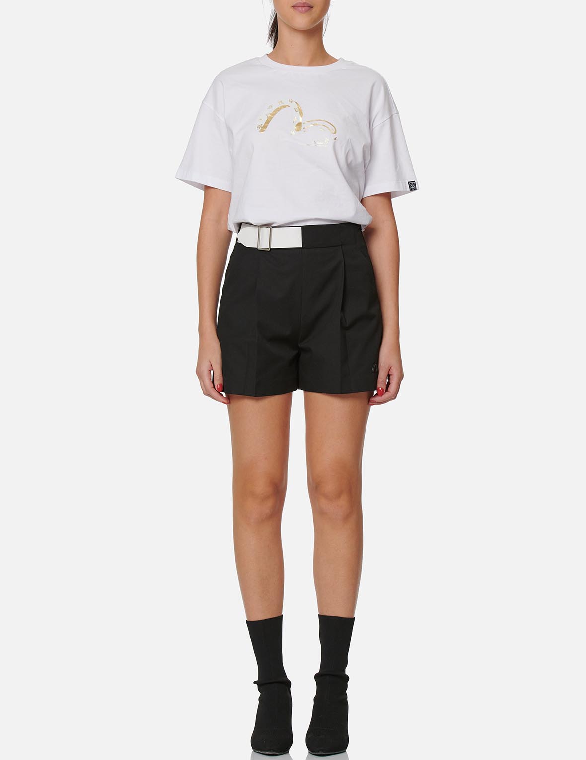 Partial Leather Buckle Belt Shorts