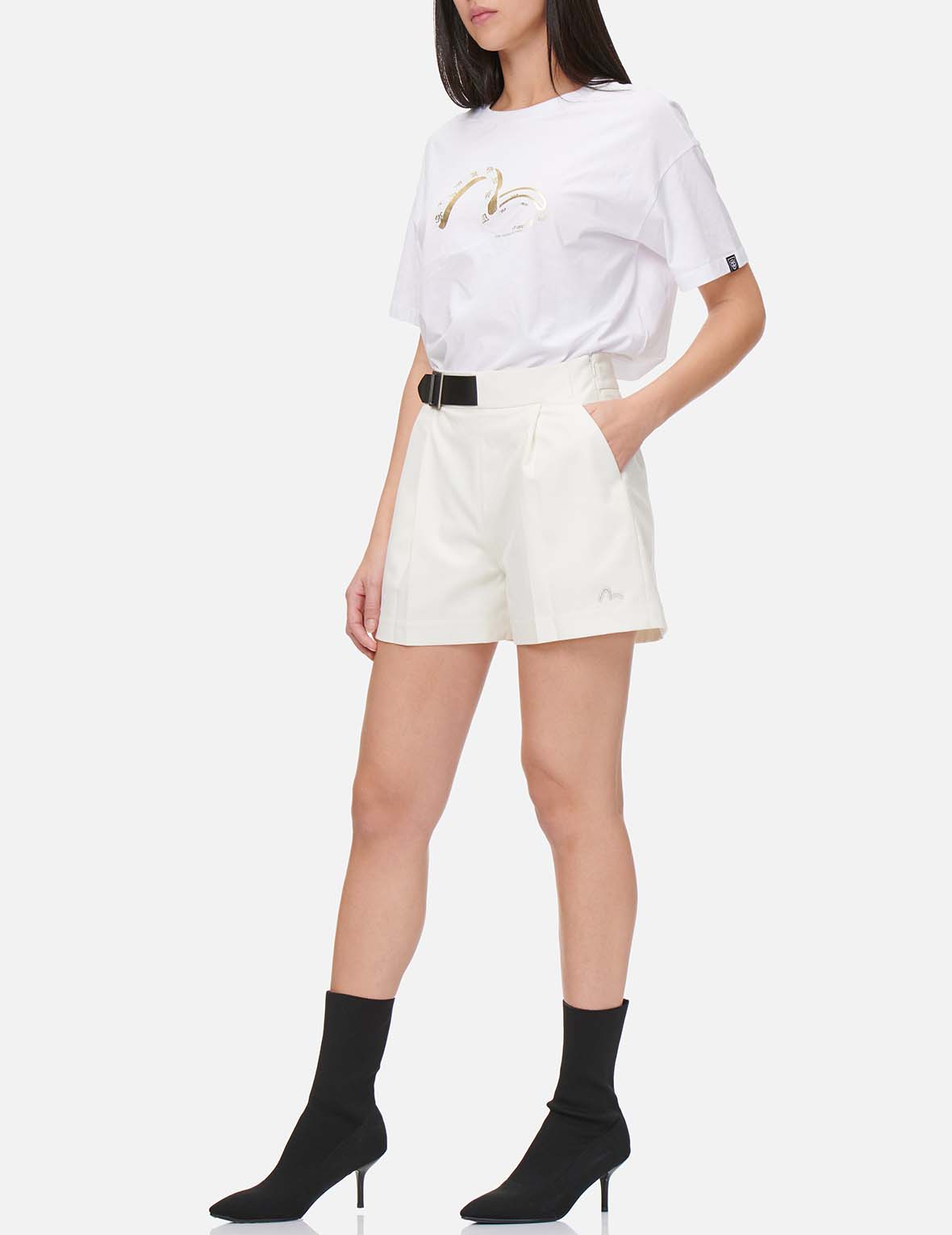 Partial Leather Buckle Belt Shorts