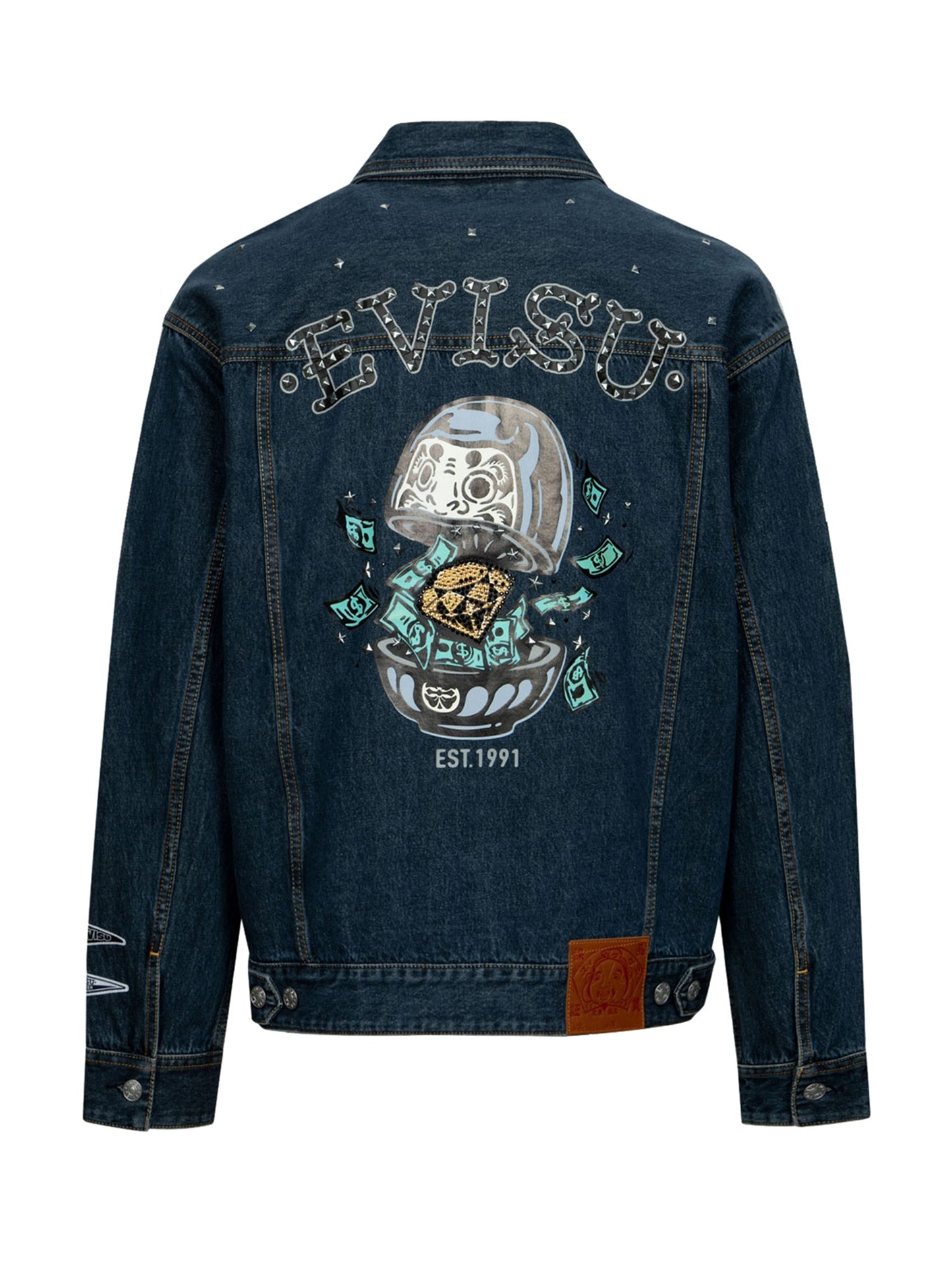 Diamond Daruma and Seagull Print Loose Fit Denim Jacket