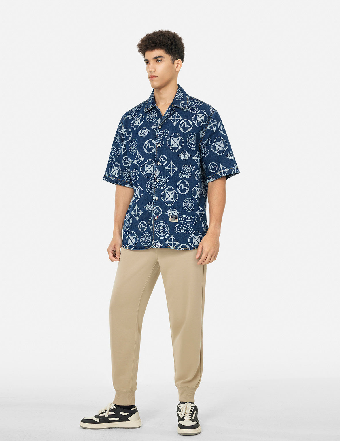 Allover Kamon Print Relax Fit Denim Short Sleeves Shirt