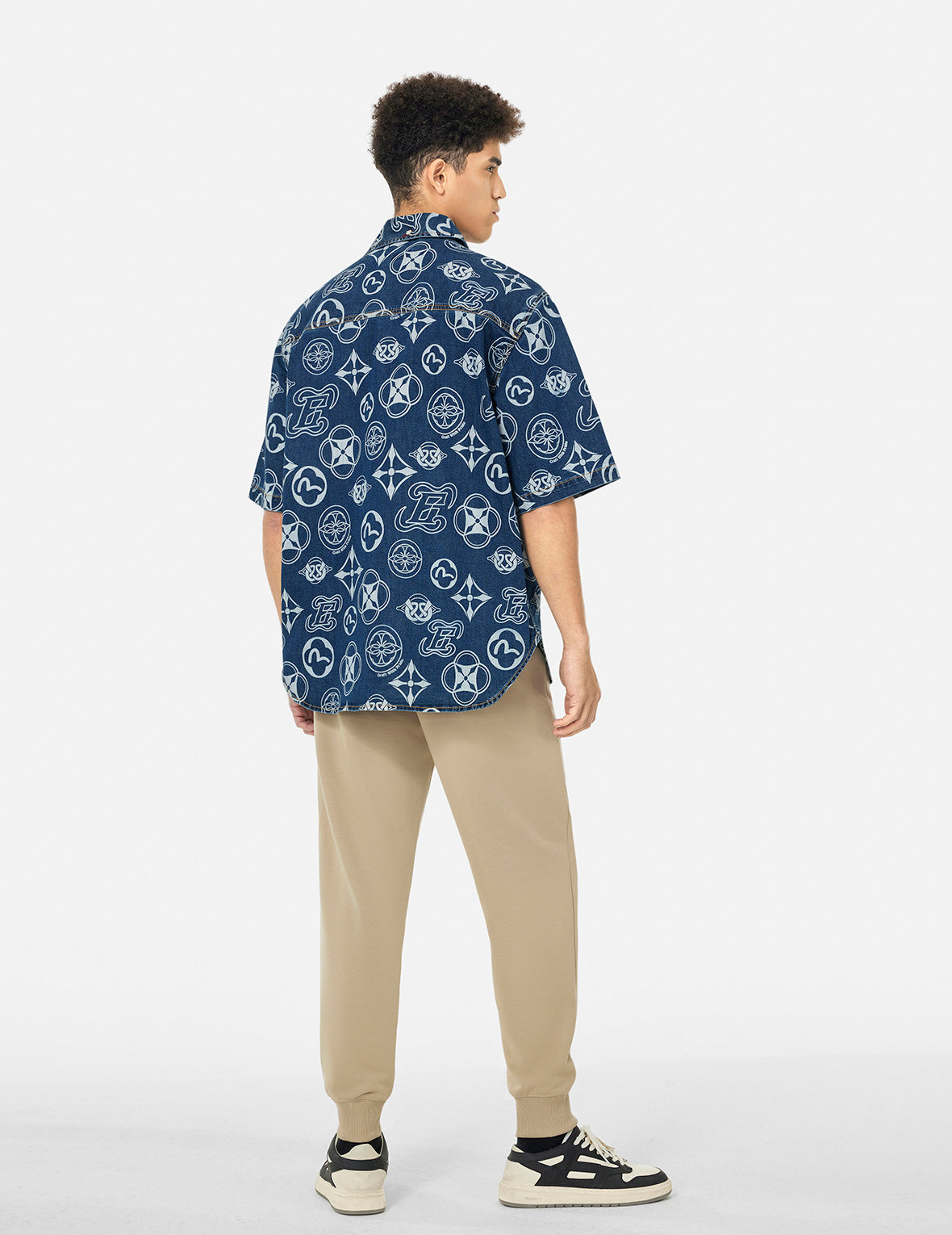 Allover Kamon Print Relax Fit Denim Short Sleeves Shirt
