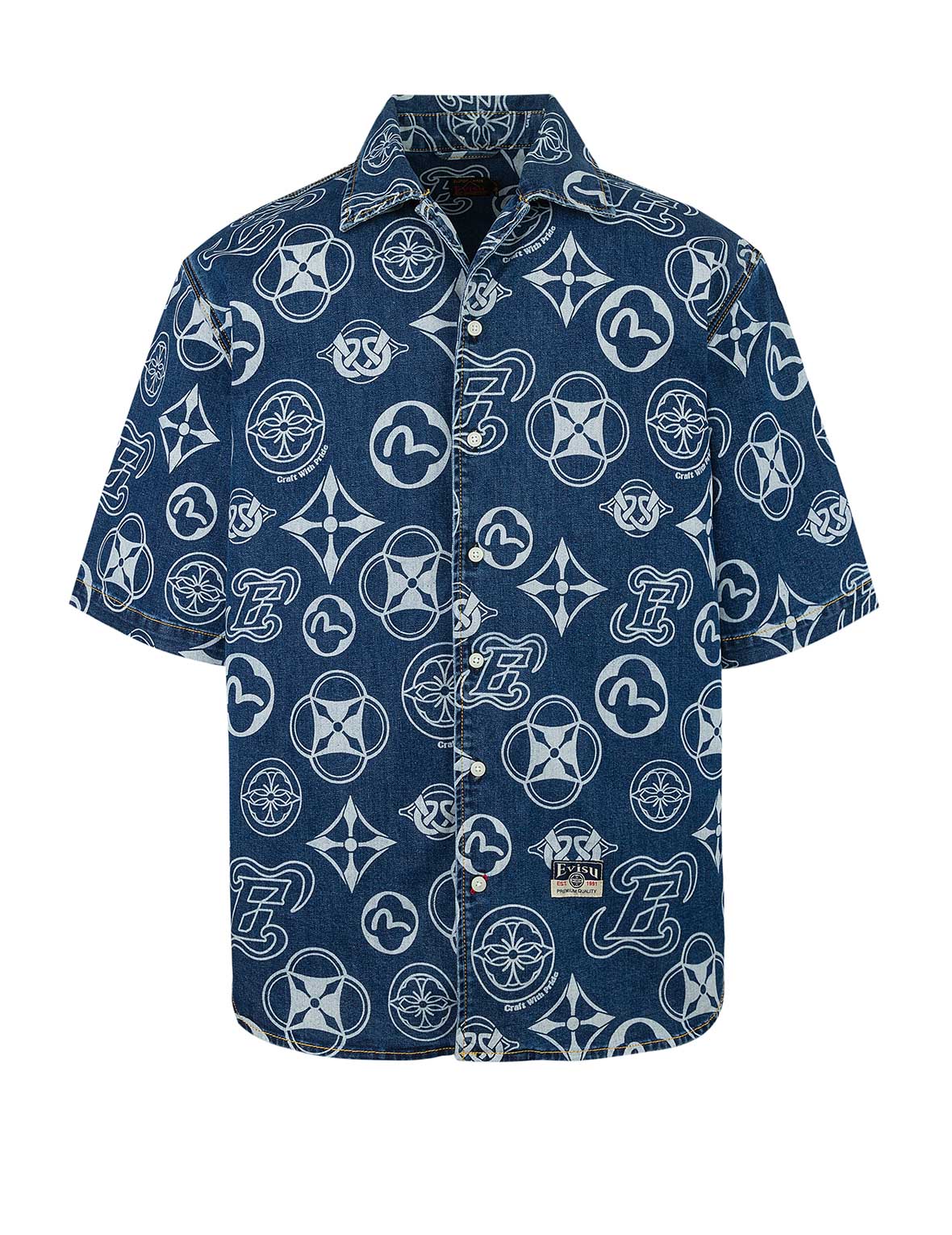 Allover Kamon Print Relax Fit Denim Short Sleeves Shirt