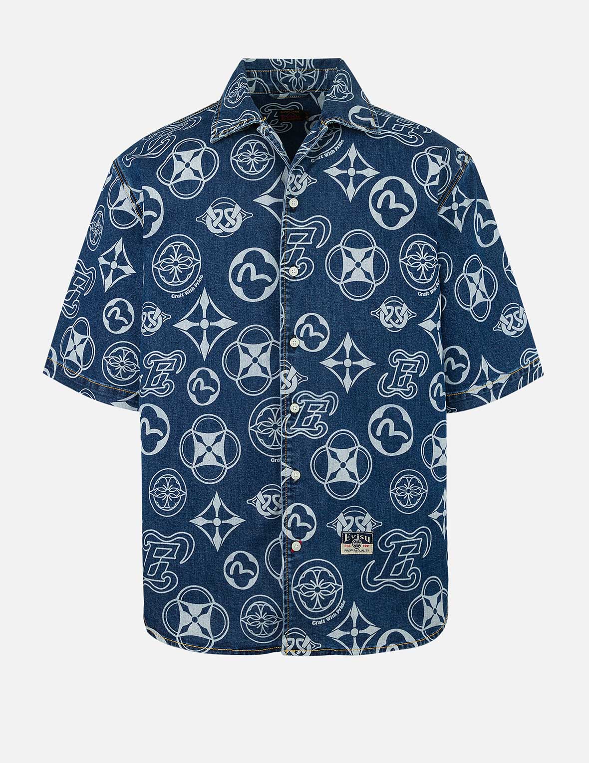 Allover Kamon Print Relax Fit Denim Short Sleeves Shirt