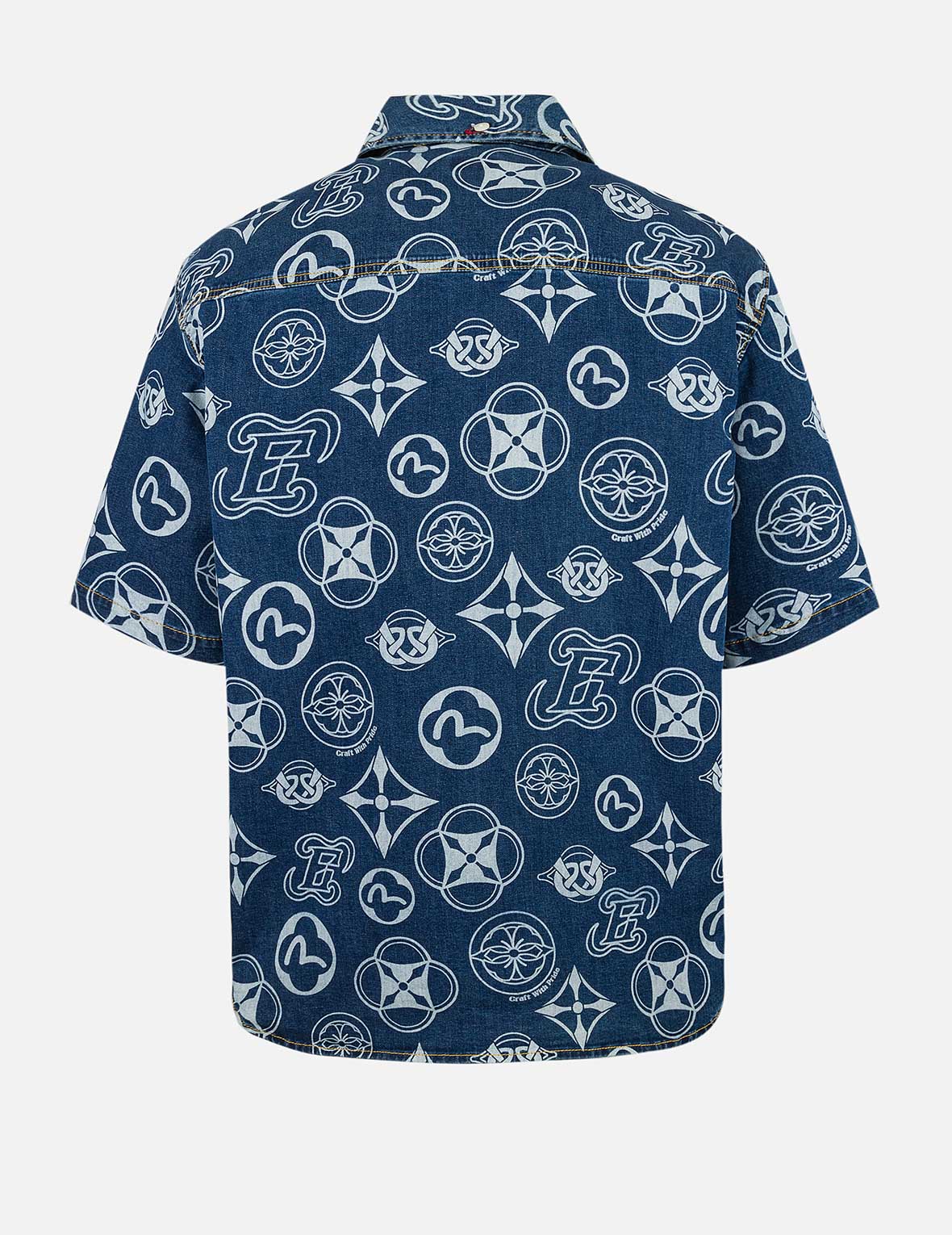 Allover Kamon Print Relax Fit Denim Short Sleeves Shirt