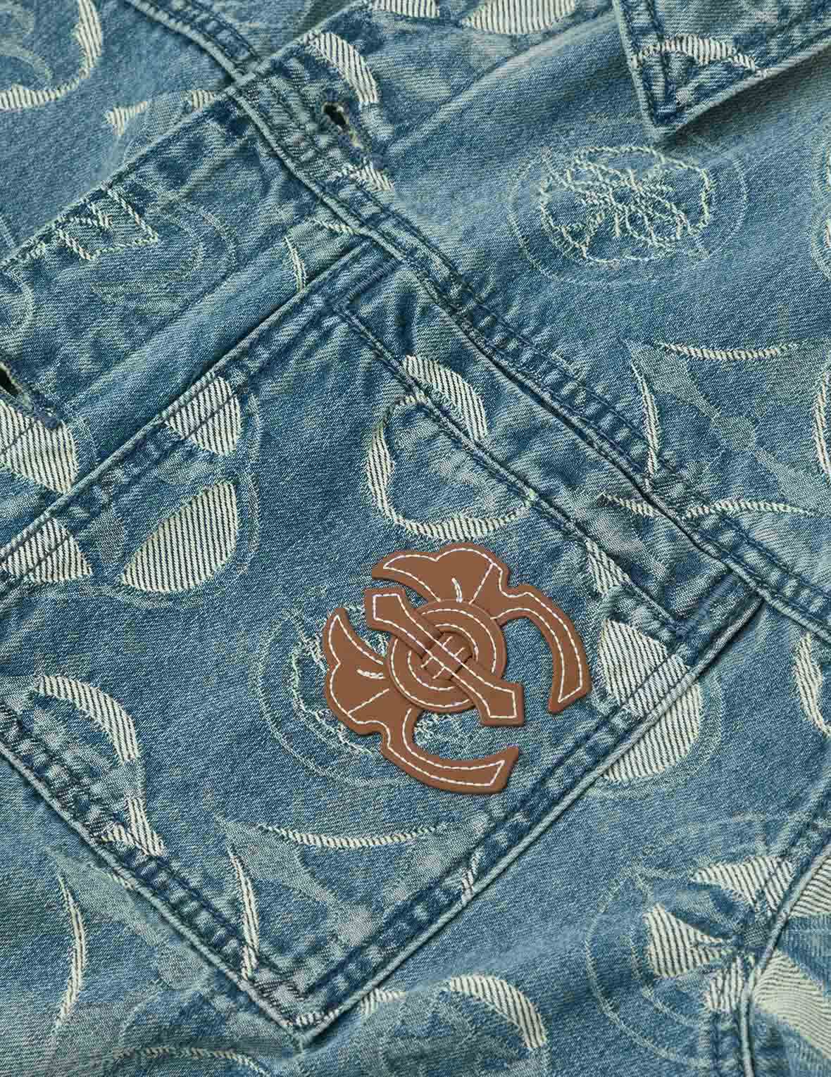 Allover Kamon Jacquard Loose Fit Denim Jacket